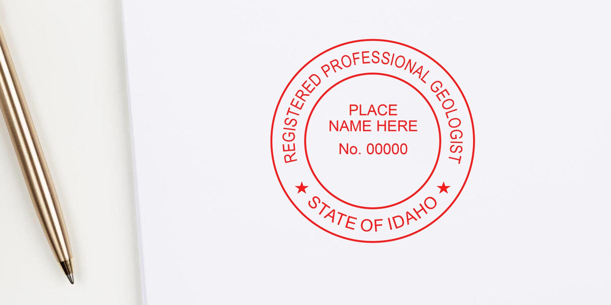 Idaho professional geologist seal stamped with gold pen on white paper, highlighting costs and fees for Idaho geologist certification stamps.