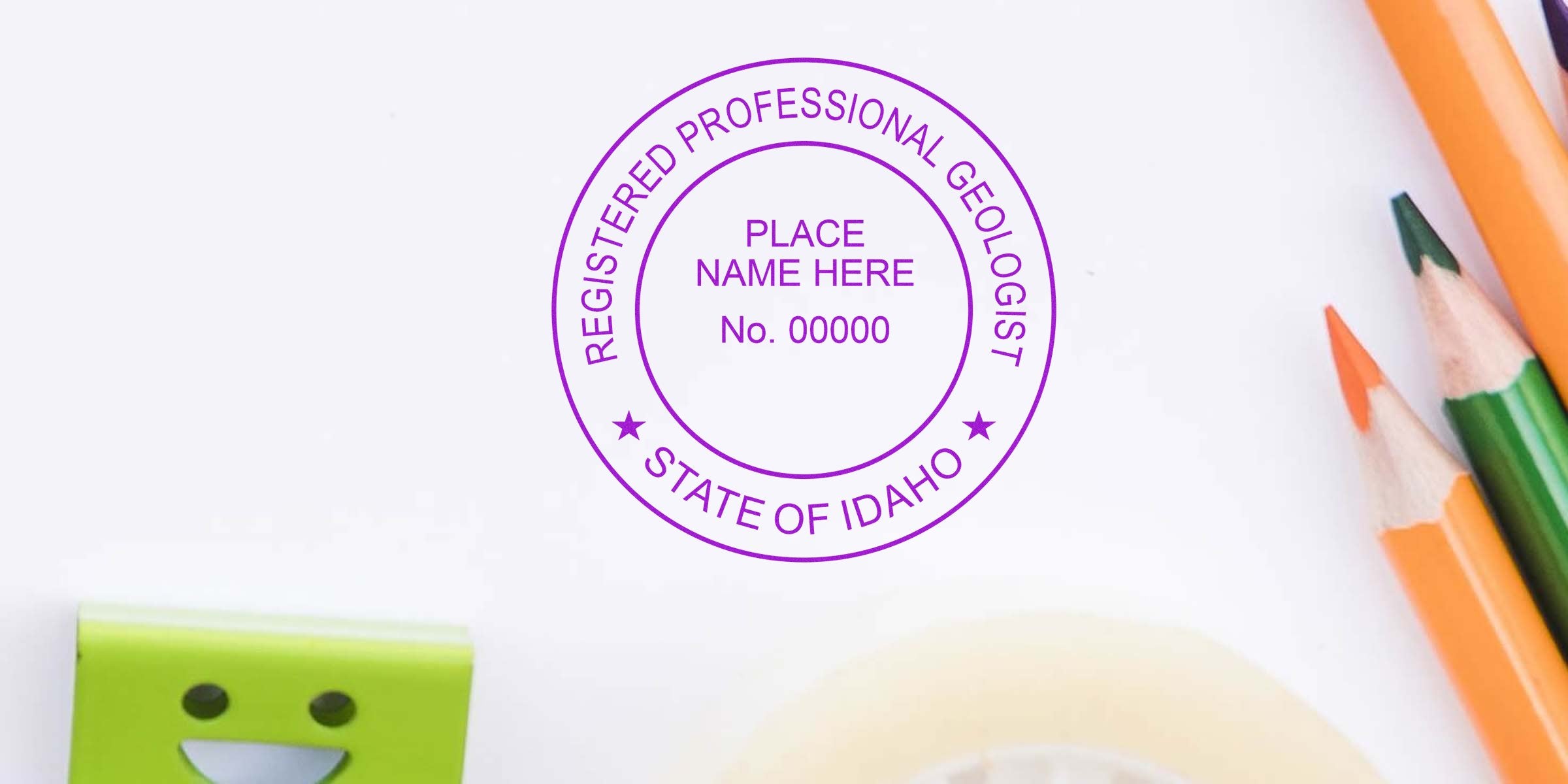 Idaho professional geologist stamp with colorful pencils and stationery on white background, symbolizing Idaho geologist license and stamp renewal.