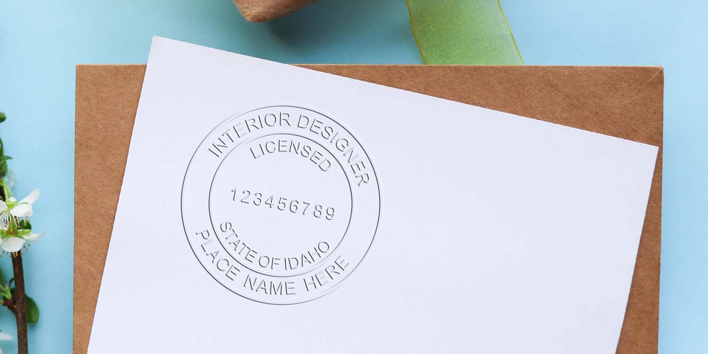 Idaho interior designer stamp on white paper, placed on a brown envelope with a green ribbon background, showcasing interior designer stamp details.