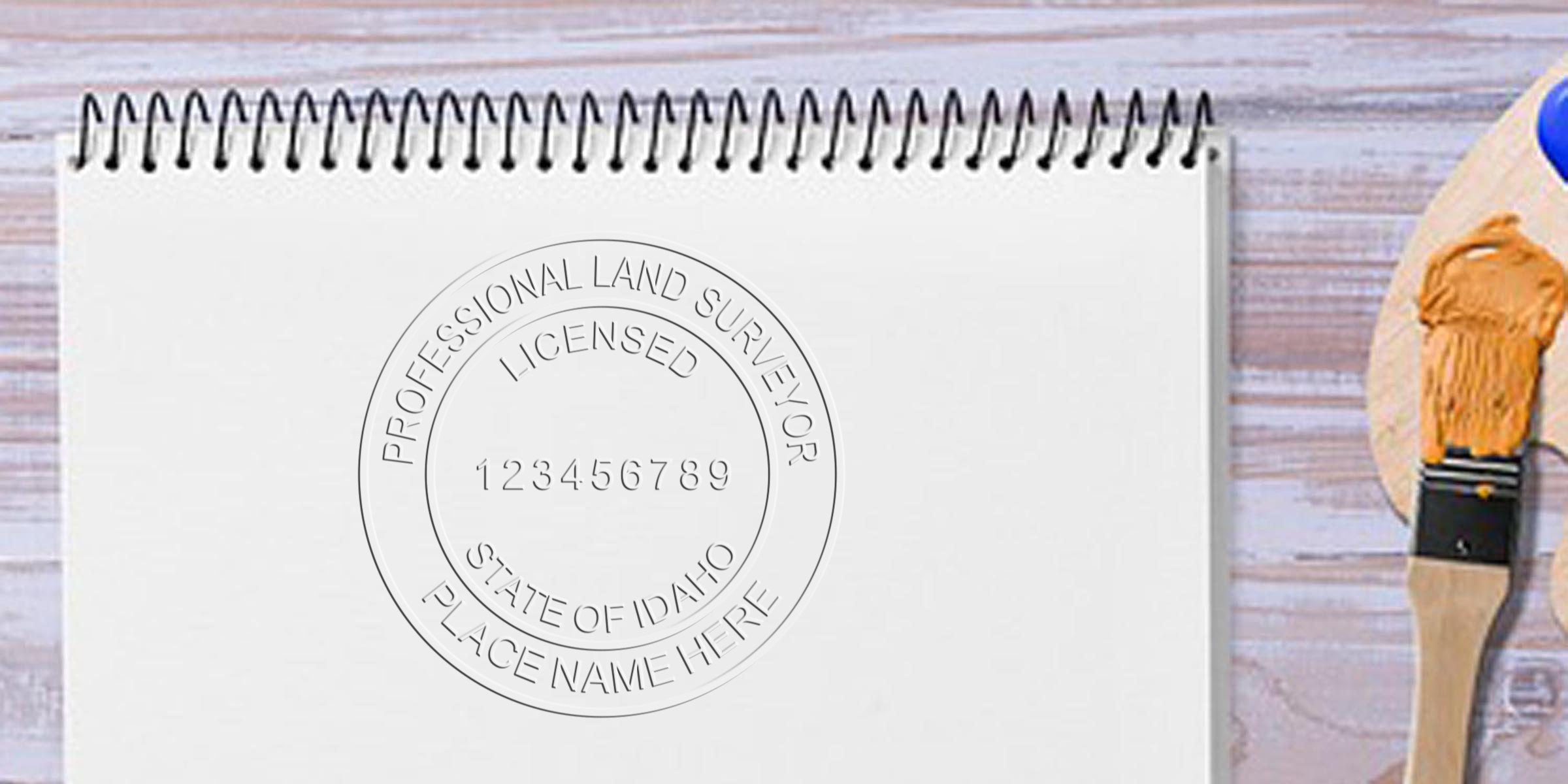 Professional land surveyor stamp with Idaho license number on blank notebook, next to paintbrush and palette, showing Idaho land surveyor guidelines and stamp requirements.