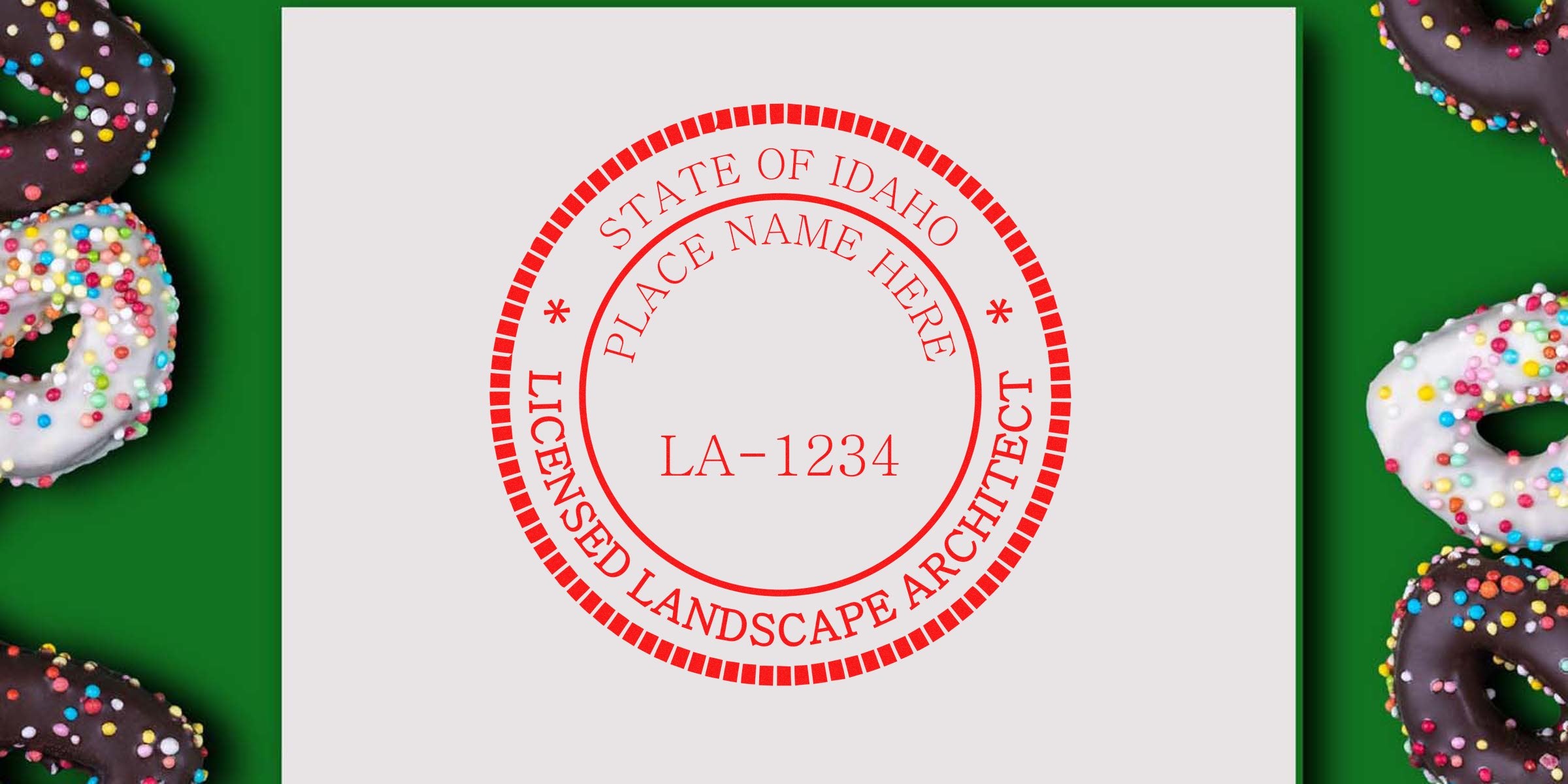 Idaho landscape architect stamp LA-1234 with colorful sprinkled donuts on green, symbolizing licensed Idaho landscape architect and online landscape architect services.