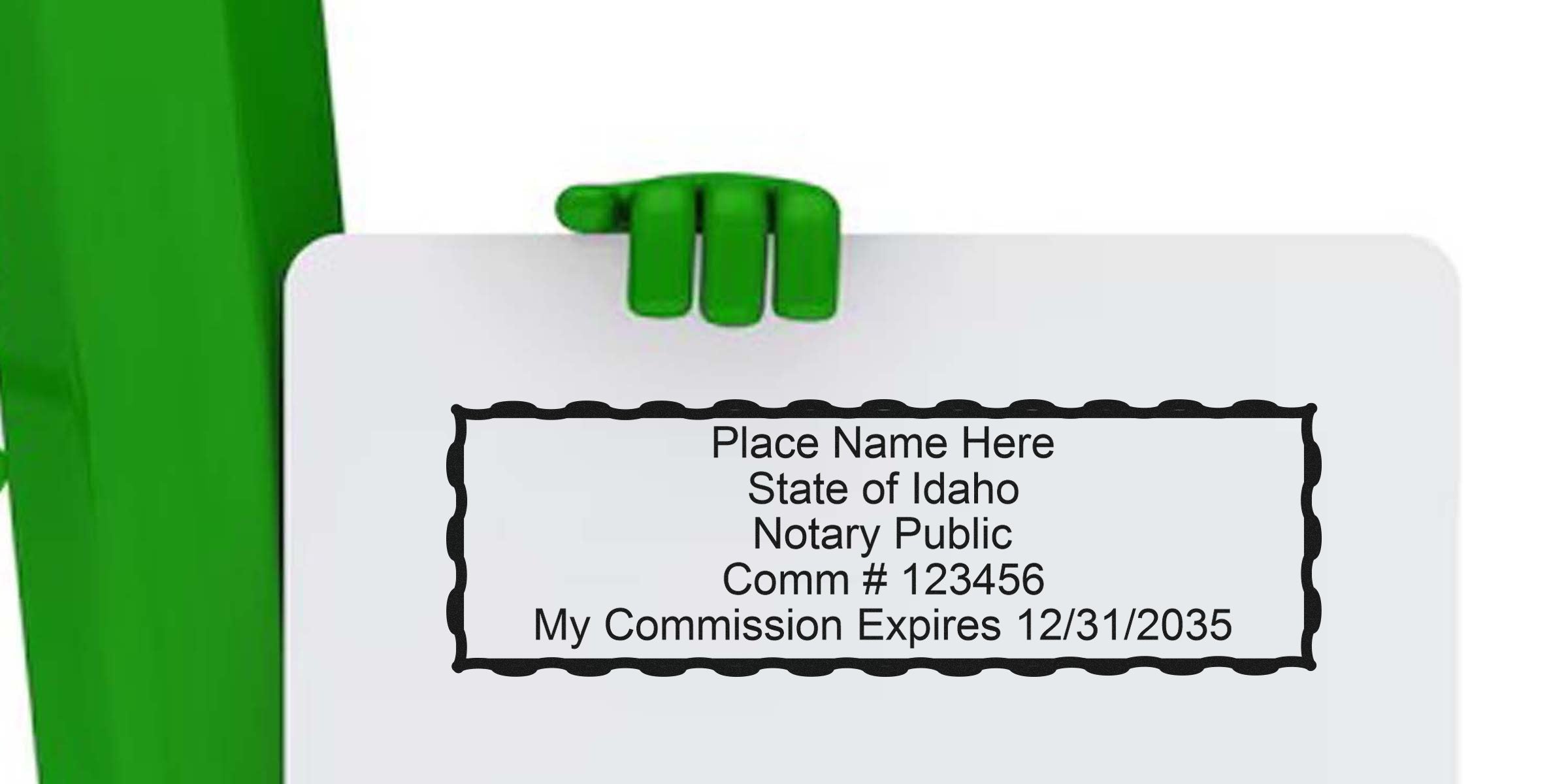 Idaho notary commission certificate with expiration date and number held by green hand, alongside essential Idaho notary kit and supplies.