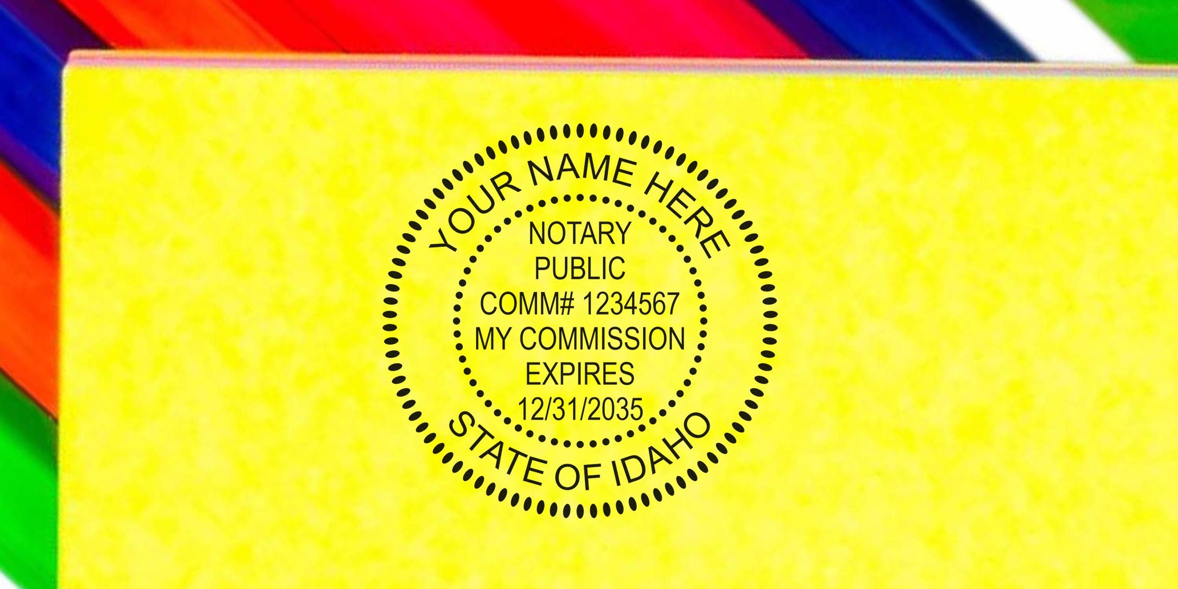 Custom Idaho notary seal stamp with commission expiration date on yellow background, ideal for buying a notary seal online.