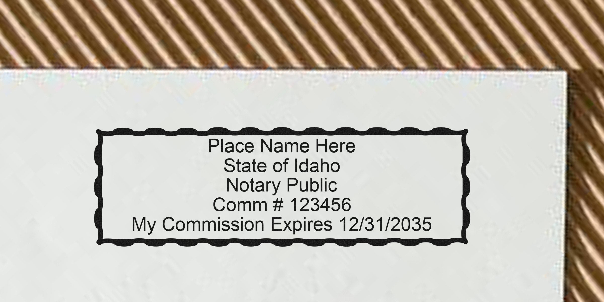 Idaho notary public commission certificate with expiration date and commission number, featuring Notary Stamps Idaho and Quality Notary Supplies.