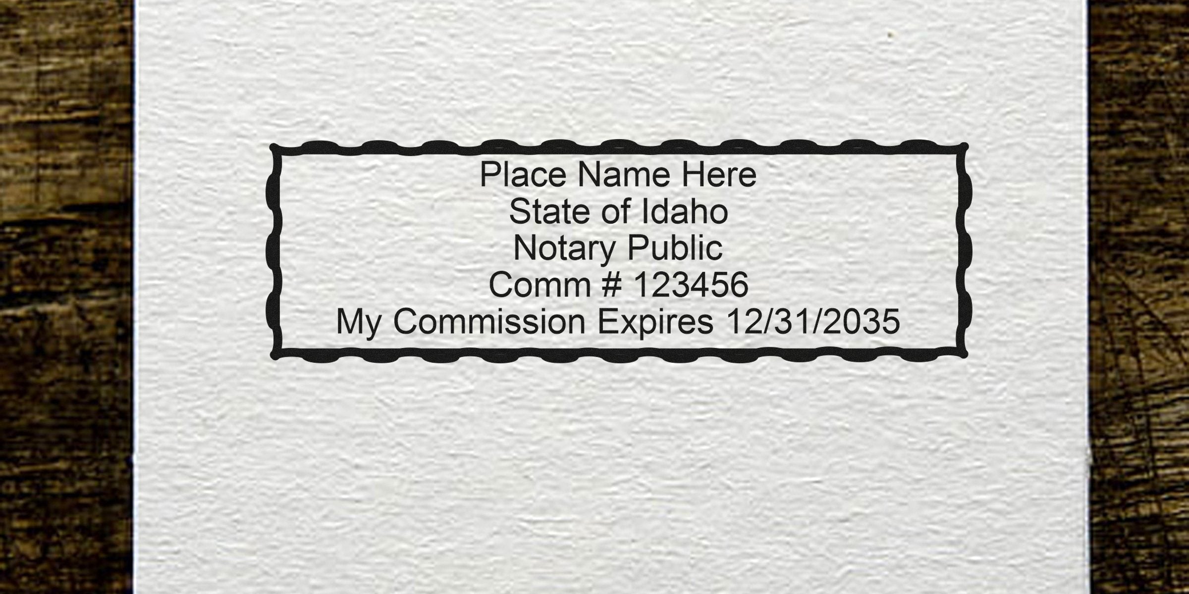 Idaho notary stamp with commission number and expiration date on textured paper, meeting Idaho notary stamp law, includes essential notary supplies for Idaho.