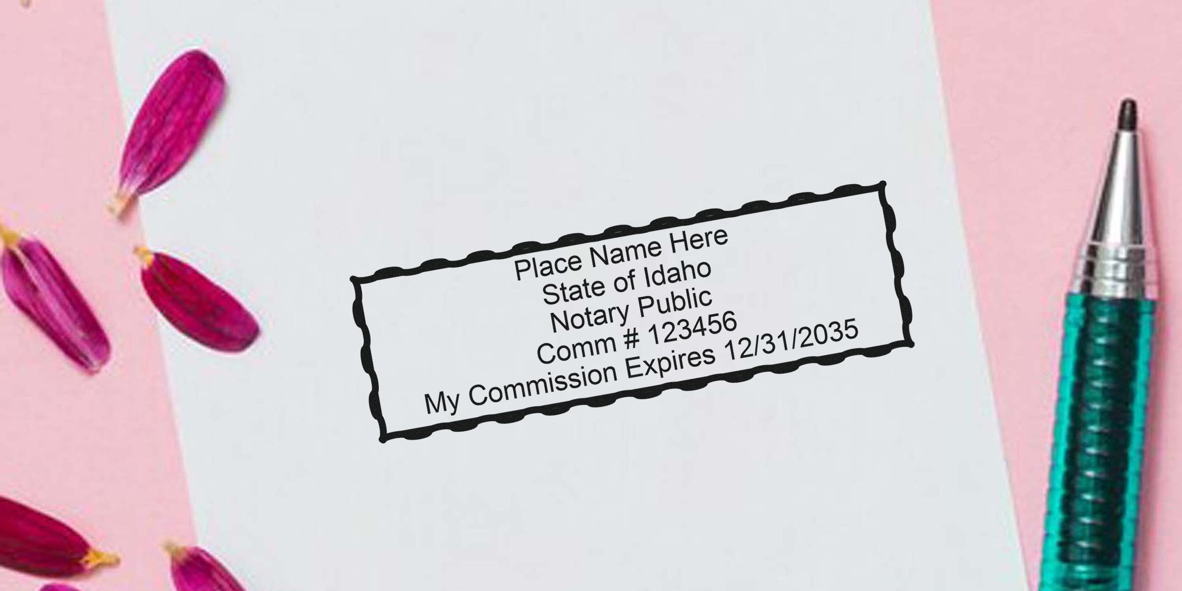 Idaho notary seal stamp on white paper with pen and flower petals, highlighting Idaho notary seal choices.