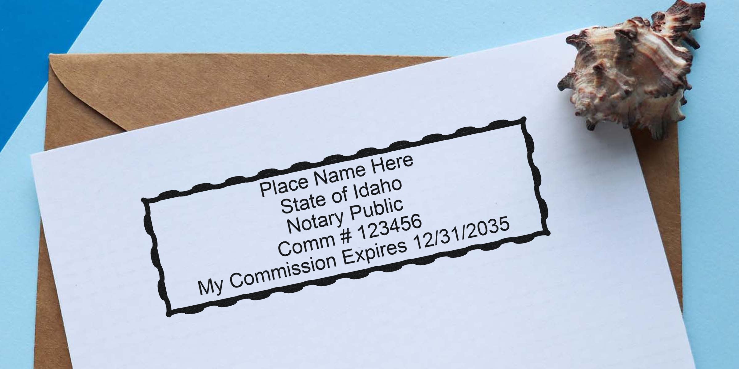 Idaho notary stamp on white paper displays commission number and expiration date, complying with Idaho notary stamp requirements.