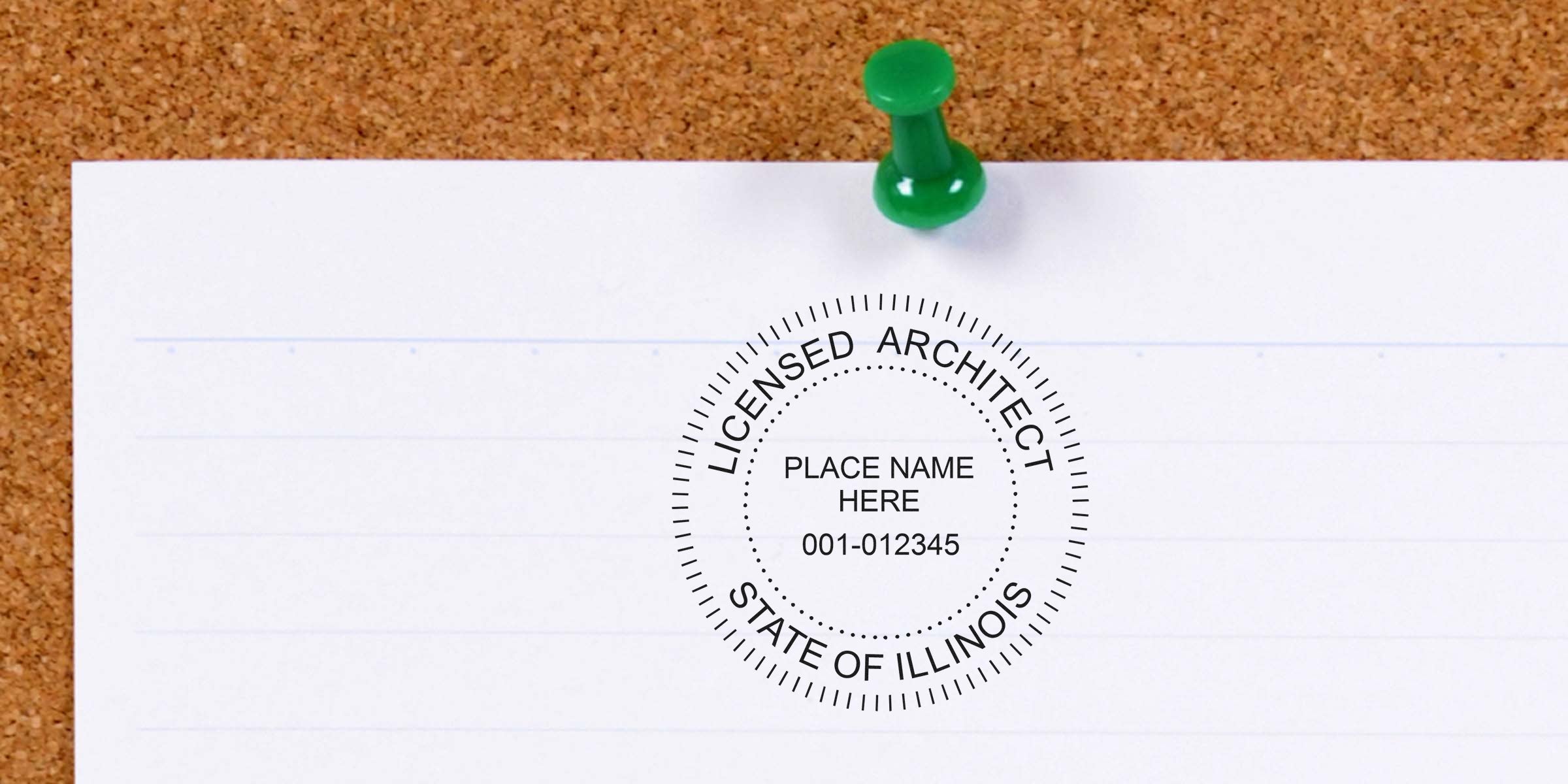 Illinois architect seal embossed on white paper pinned to corkboard, official embosser, licensed architect stamp verifying Illinois license.