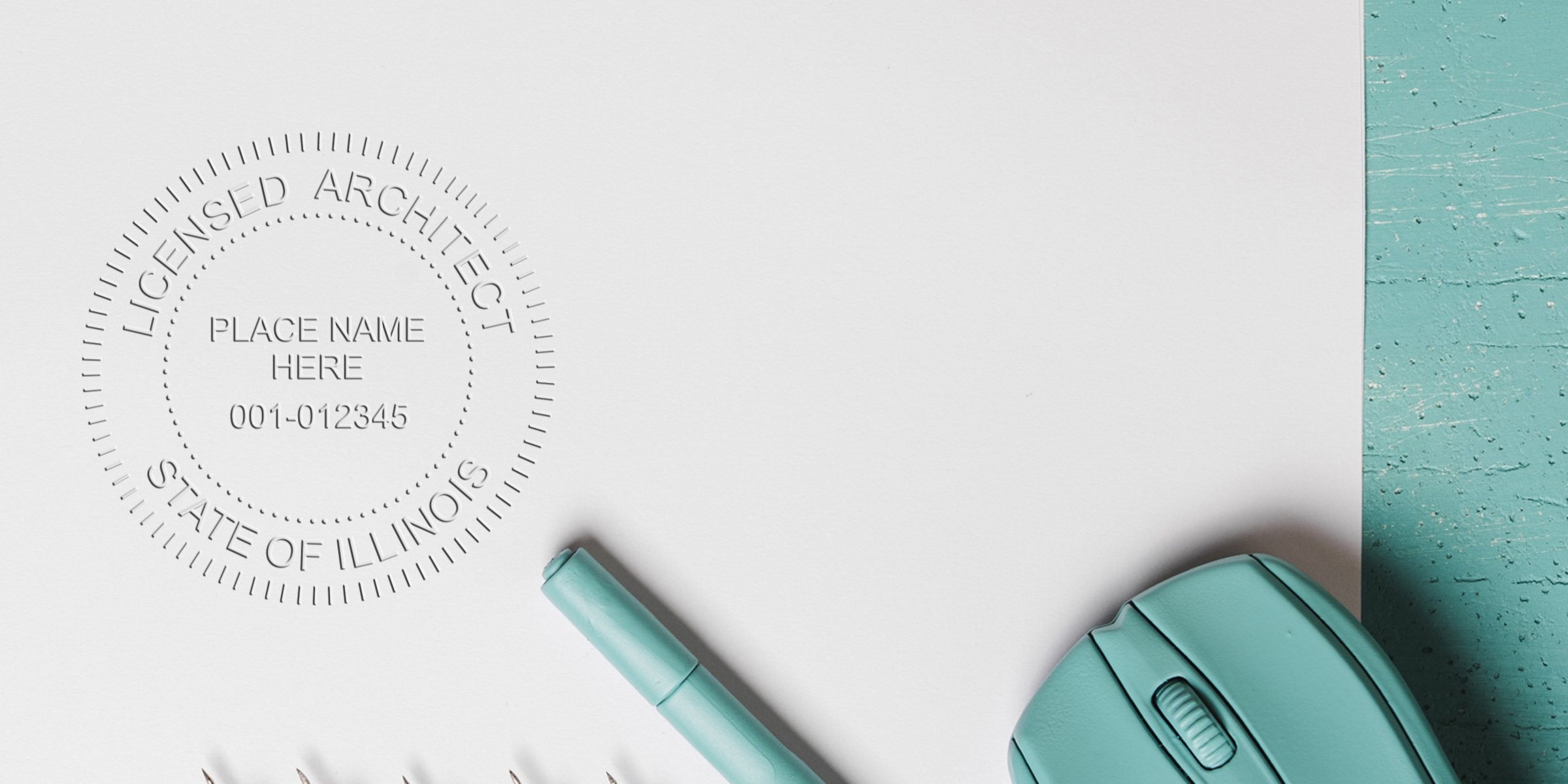 Illinois architect stamp on white paper with teal pen and mouse on turquoise desk, verifying architect license and stamp application in Illinois.