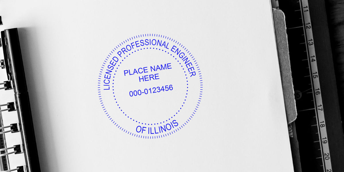 Licensed professional engineer with Illinois PE stamp on white paper, clipboard, and ruler, emphasizing Illinois PE stamp requirements.