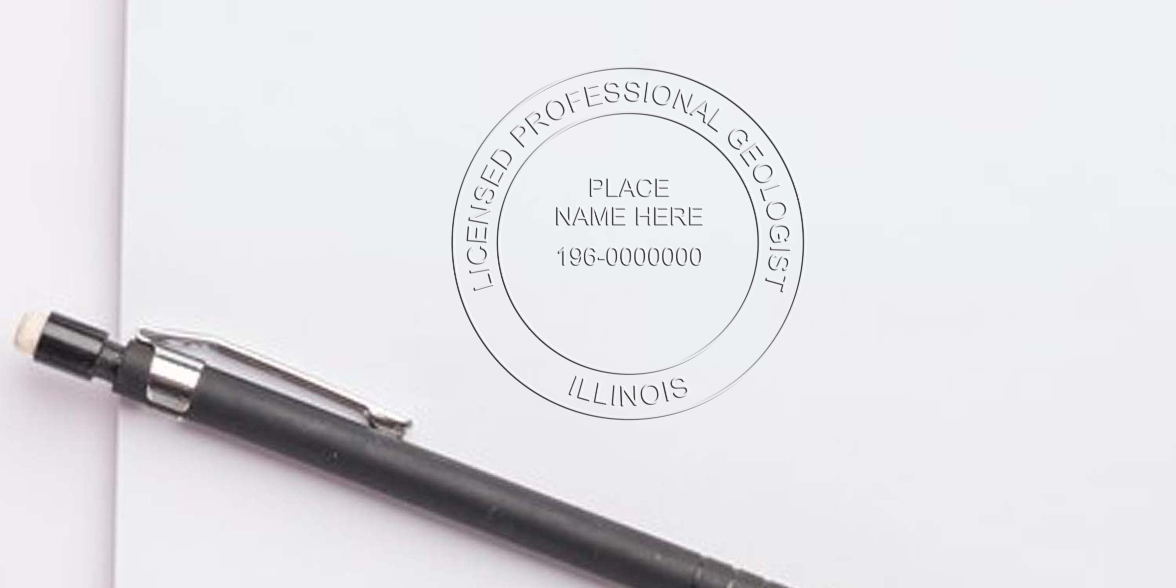 Licensed professional geologist stamp on white paper with black pen, featuring Illinois Geologist Stamp Cost and Fees.