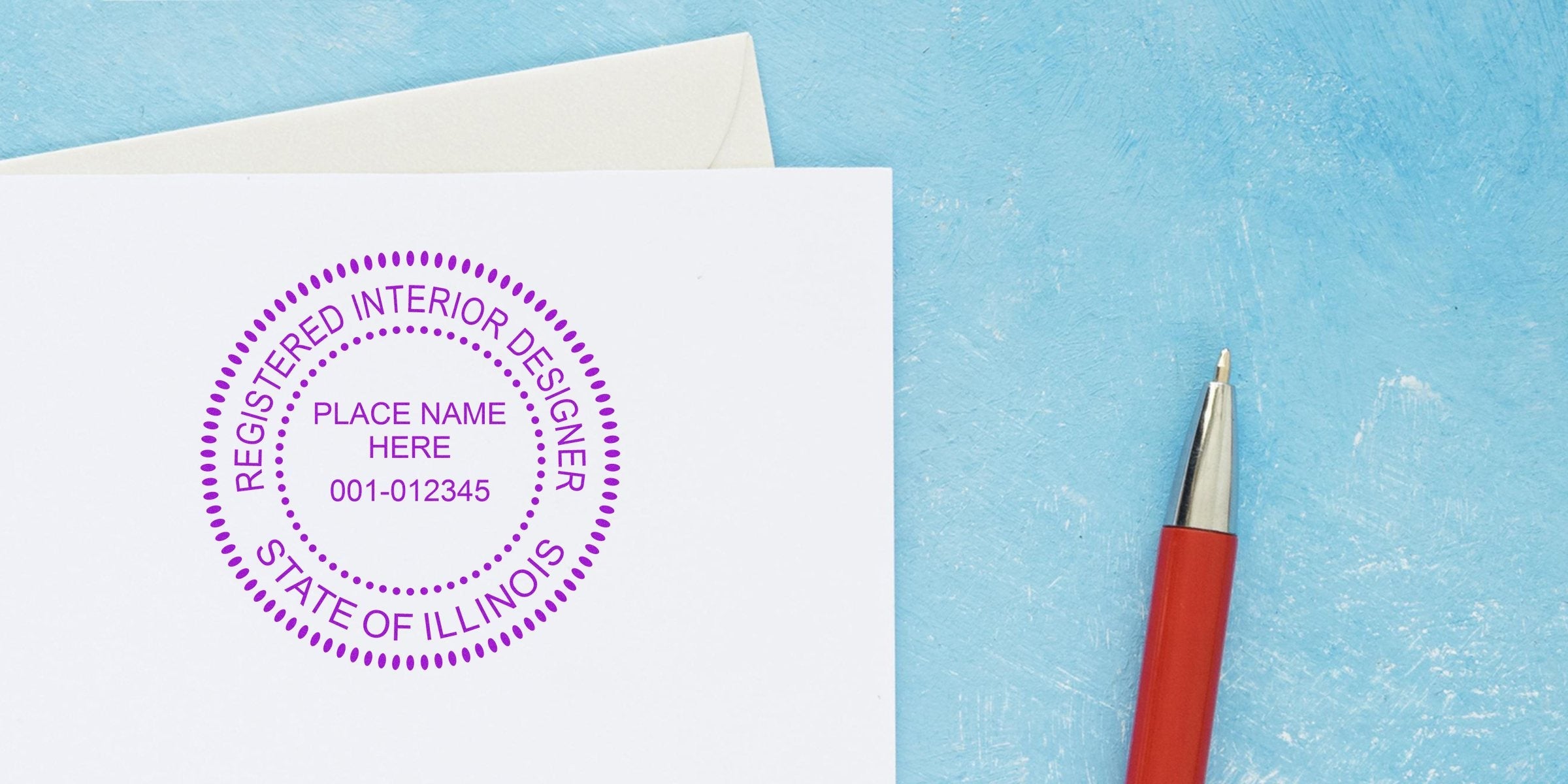 Illinois interior designer stamp on white paper with red pen, on blue textured background, representing tools to enhance design skills.