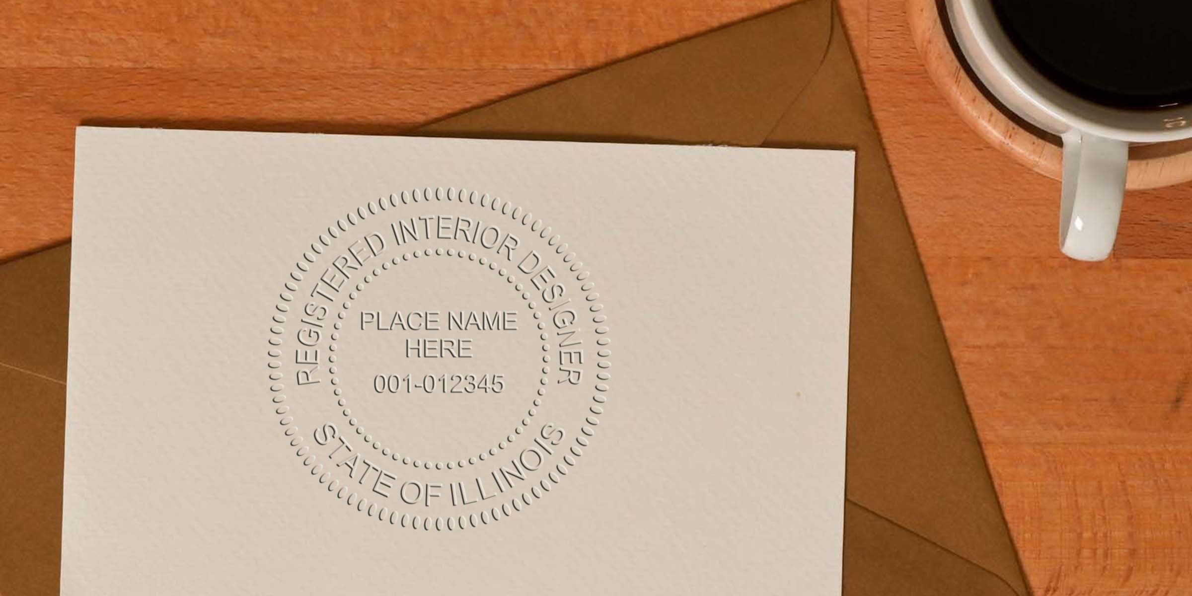 Embossed Illinois interior designer stamp on paper beside a coffee cup on a wooden table, showing the registered interior designer seal and Illinois interior designer stamp application.