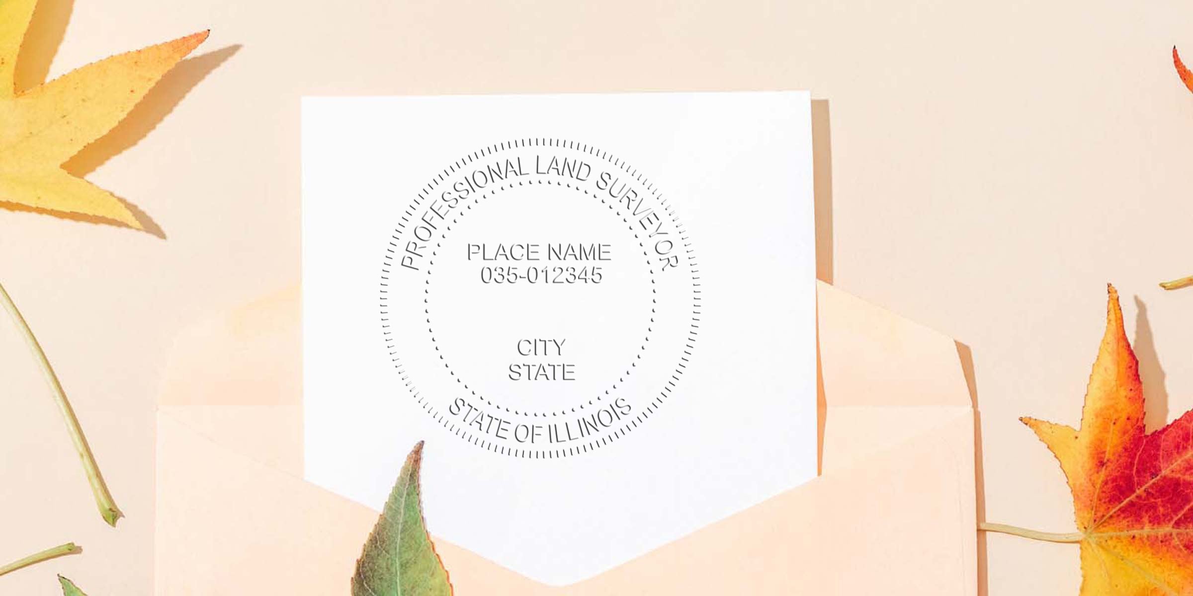 Illinois land surveyor seal on white paper with autumn leaves, emphasizing Illinois land surveyor regulations for professional surveying services.