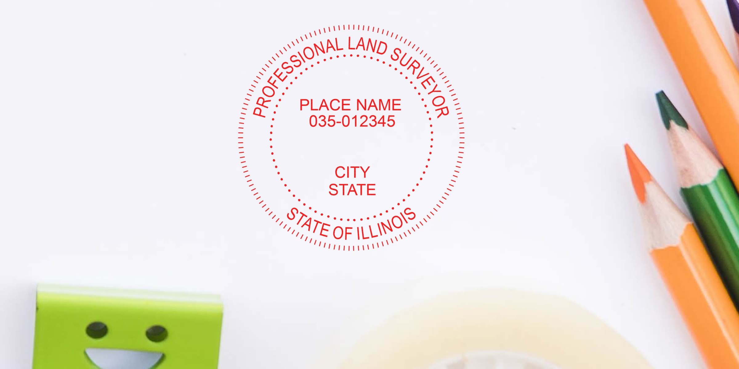 Illinois land surveyor stamp meeting requirements, placed with colored pencils and office supplies on a white background.