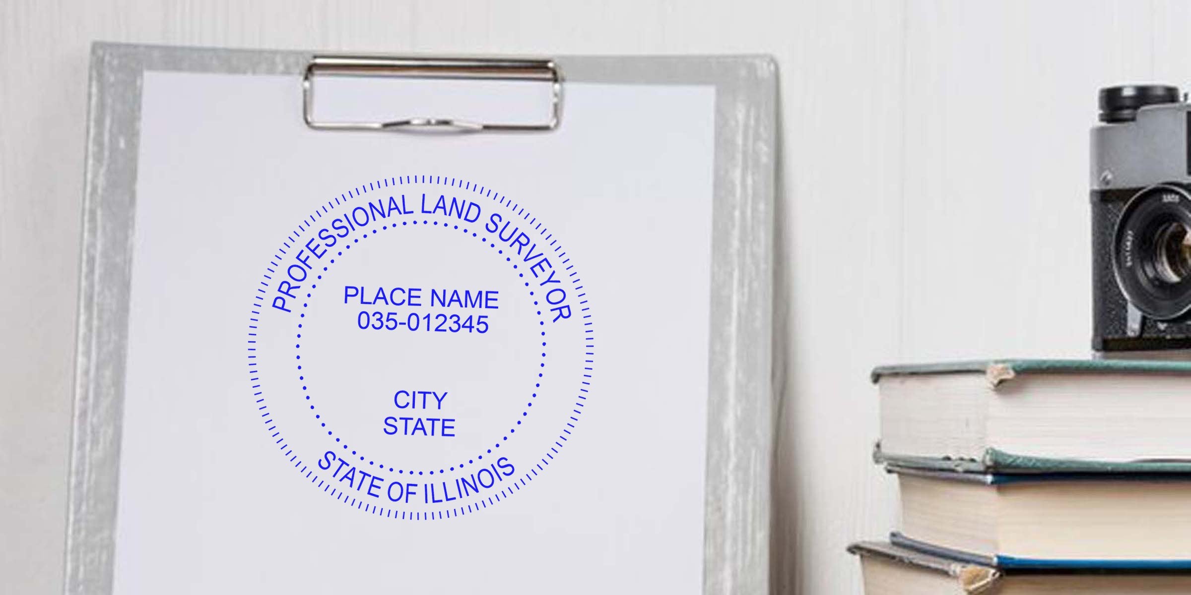 Illinois land surveyor stamp on clipboard paper with vintage camera and books, showing certification seal and highlighting common stamp replacement errors.