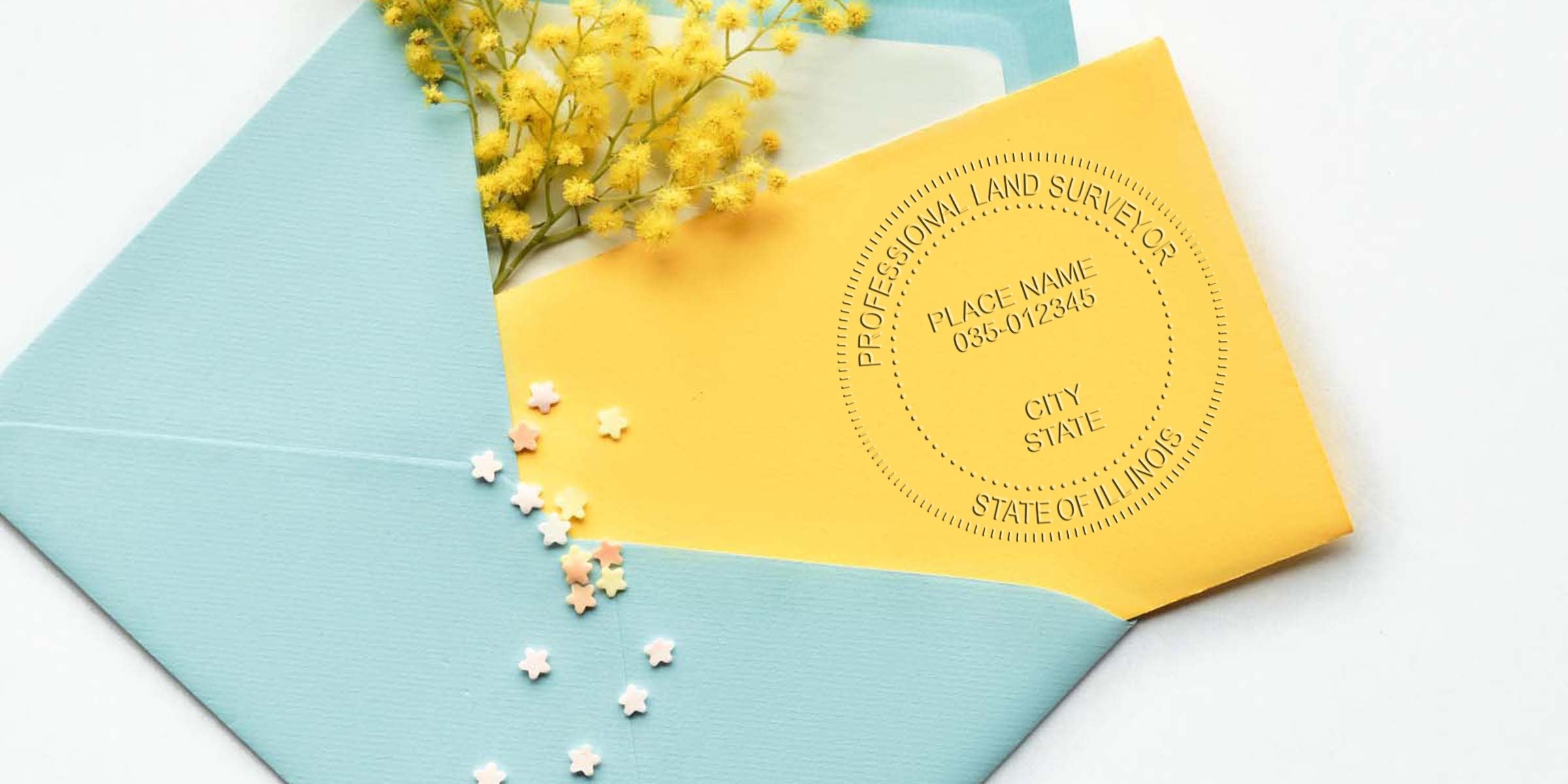 Yellow Illinois land surveyor seal embossed on envelope with flowers and star confetti, showing official land surveyor seal specs for Illinois city and state.