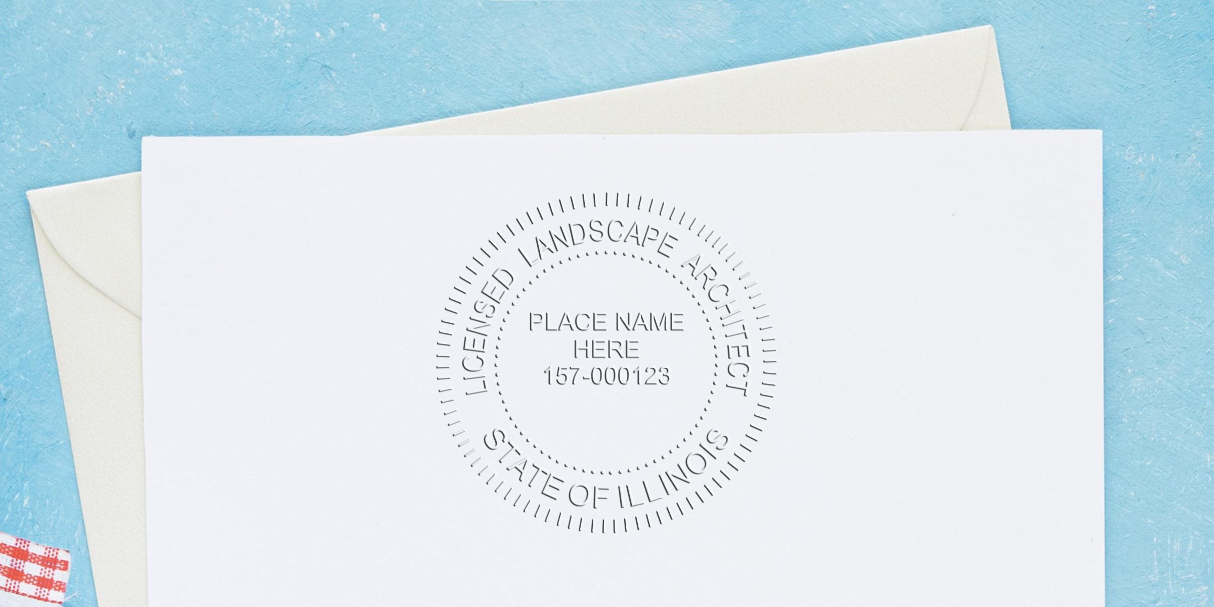 Embossed Illinois landscape architect stamp on white paper with envelope, set on blue textured background, meeting Illinois landscape architect stamp requirements.