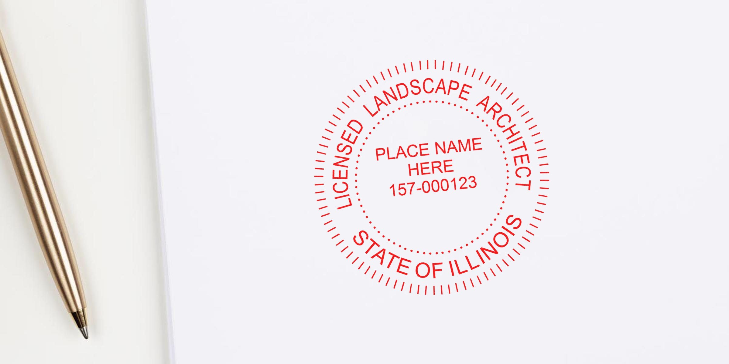 Licensed landscape architect stamp on white paper with gold pen, plus embosser selection tips for Illinois professionals.