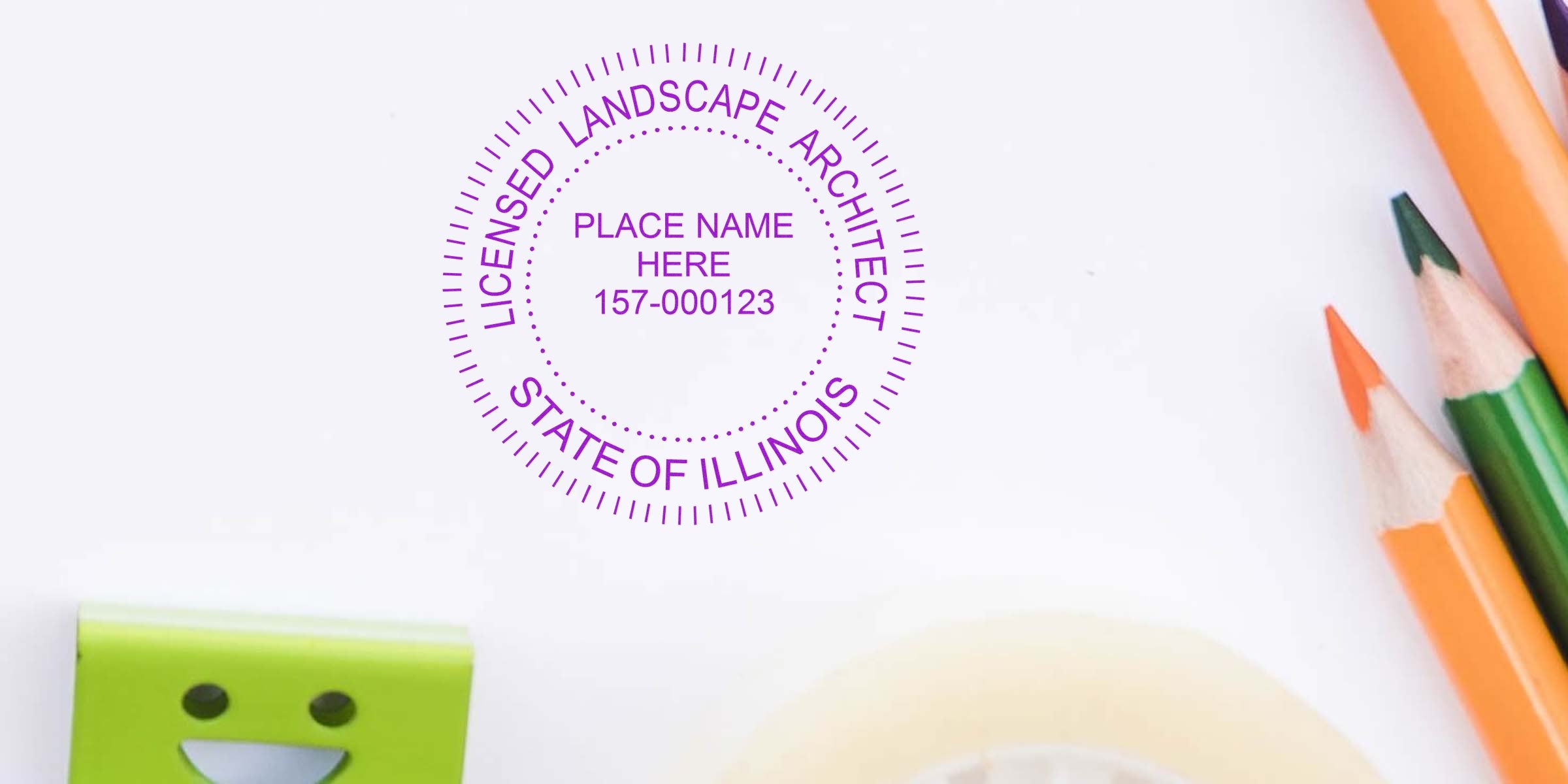 Illinois landscape architect stamp with colored pencils and tape on white background, emphasizing Illinois landscape architect regulations.