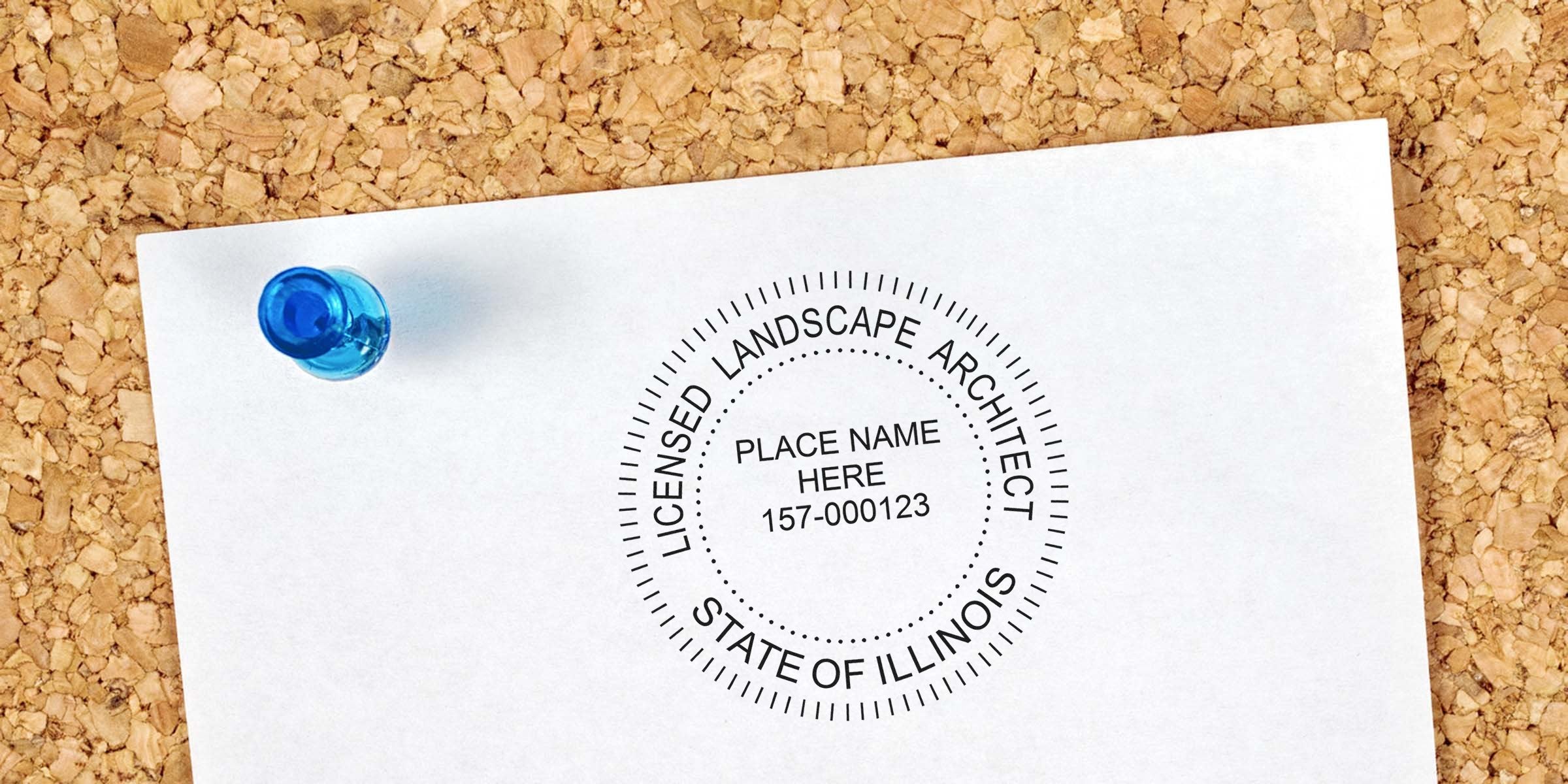 Illinois landscape architect license renewal stamp on corkboard with blue push pin, showing the Illinois state professional seal and highlighting the renewal process.