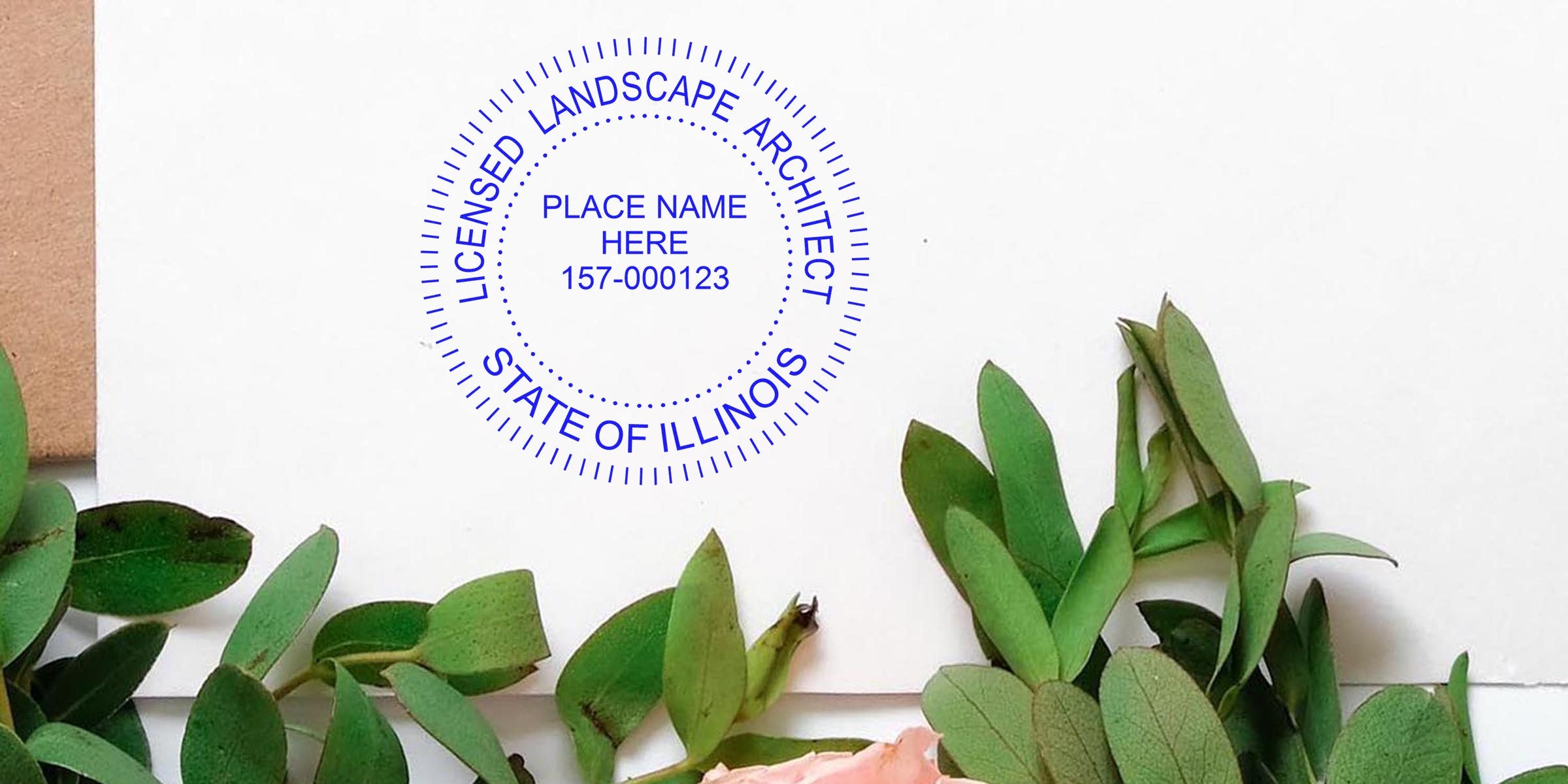 Illinois licensed landscape architect seal on white paper with green leaves and pink flower, displaying professional certification and seal samples for Illinois landscape architects.