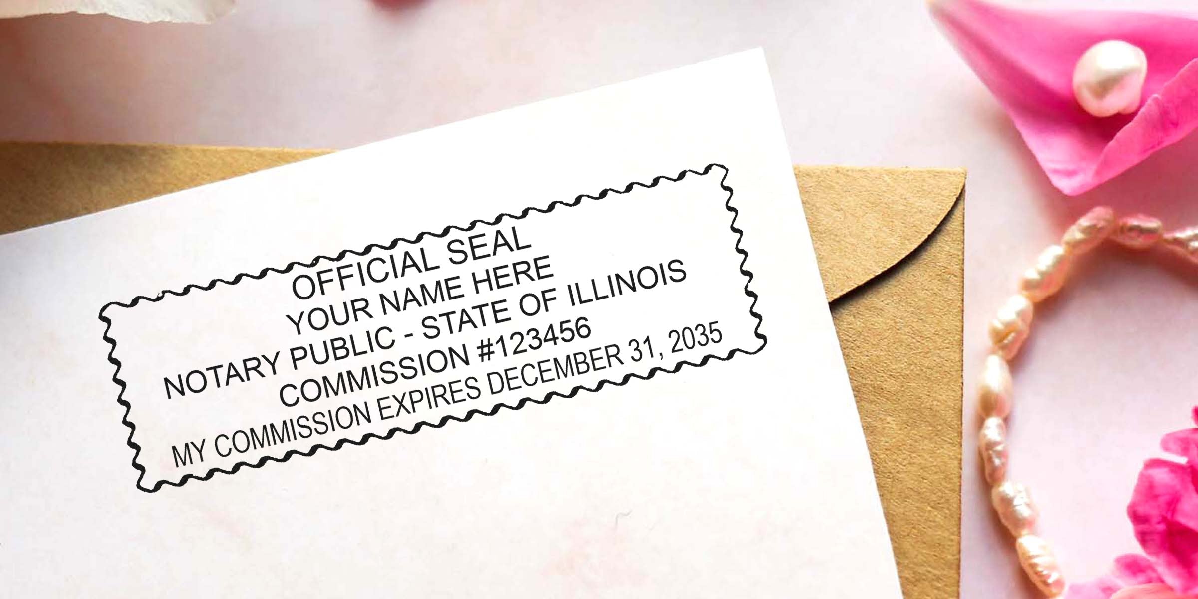 IL notary stamp on envelope used for verifying Illinois notary commission with Illinois notary supplies.