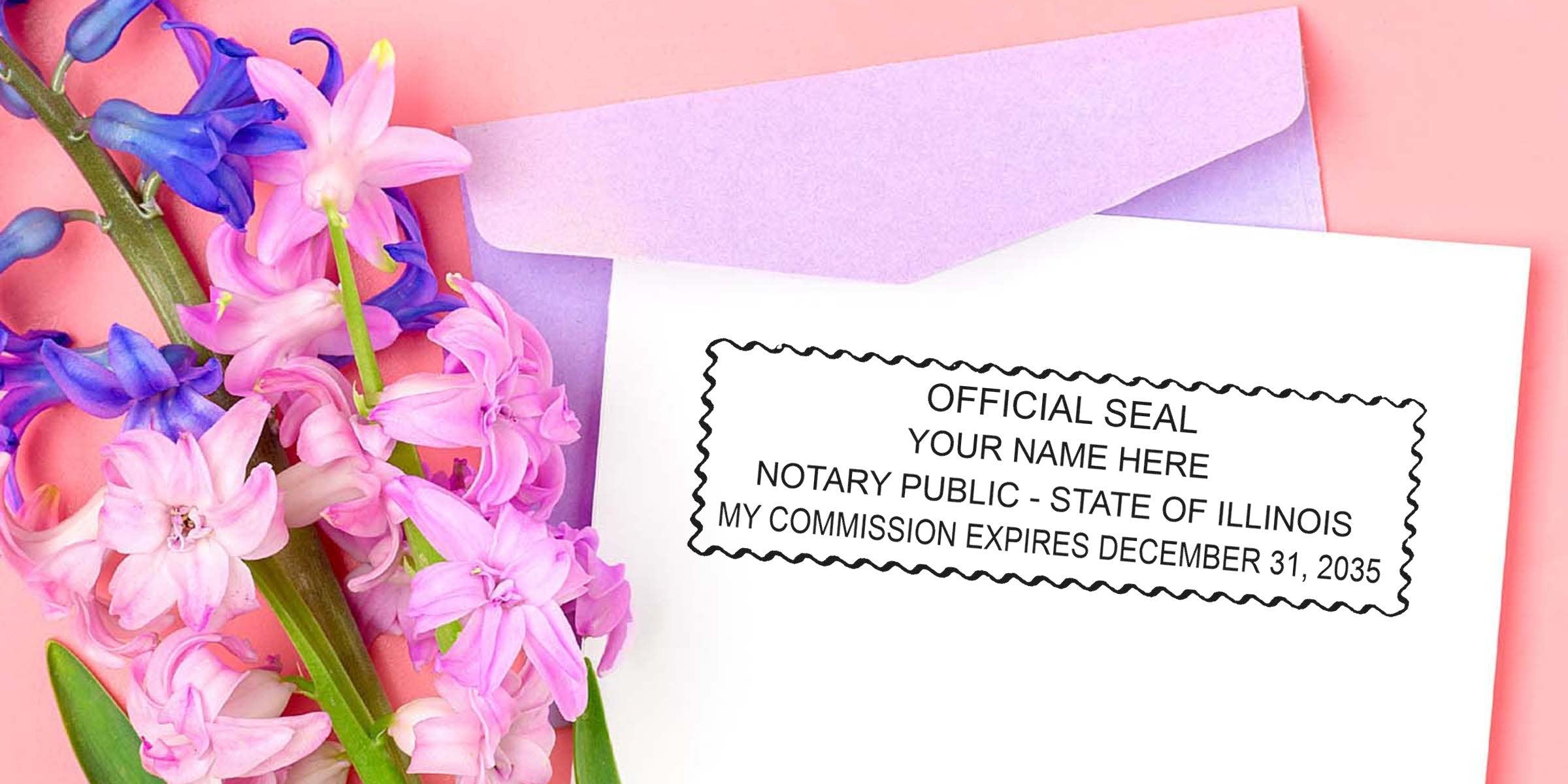 Illinois notary public seal on white paper with purple envelope and pink-purple flowers on pink background, representing Illinois notary stamp law and business compliance.