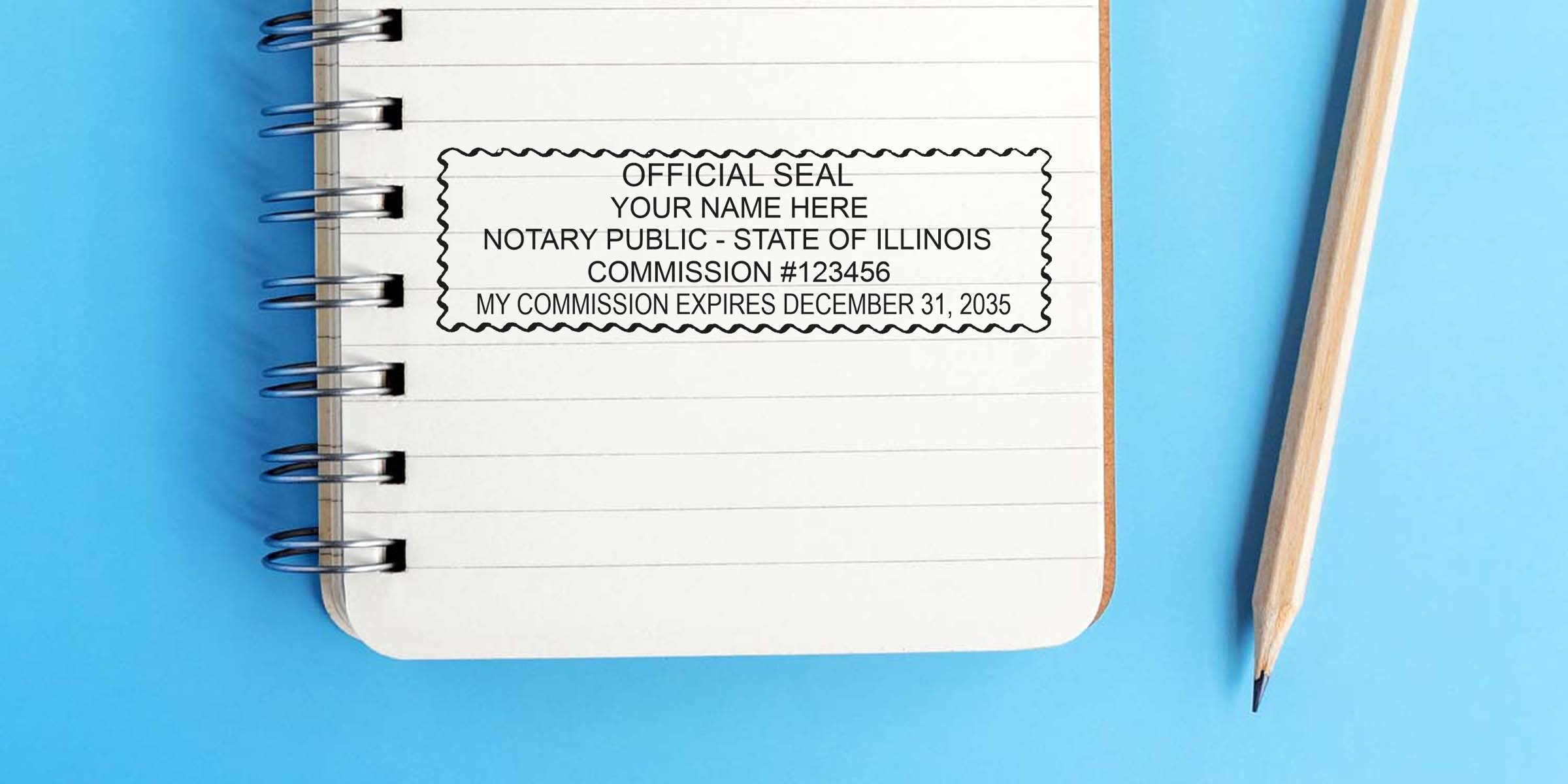 Illinois notary stamp on spiral notebook with pencil, set against a blue background, showcasing the official Illinois notary seal.