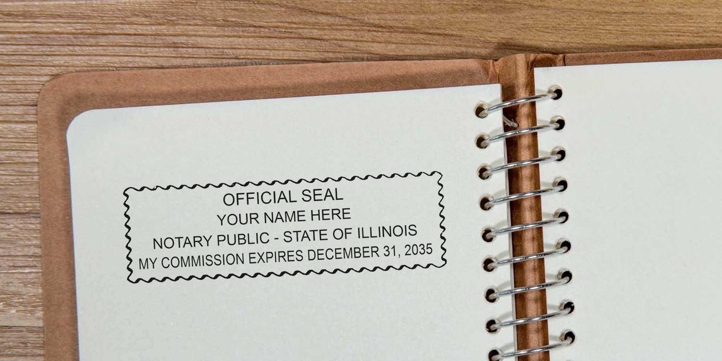 Notary public stamp on notebook page with official seal and commission expiration date, highlighting IL notary supplies and top notary tools in Illinois.