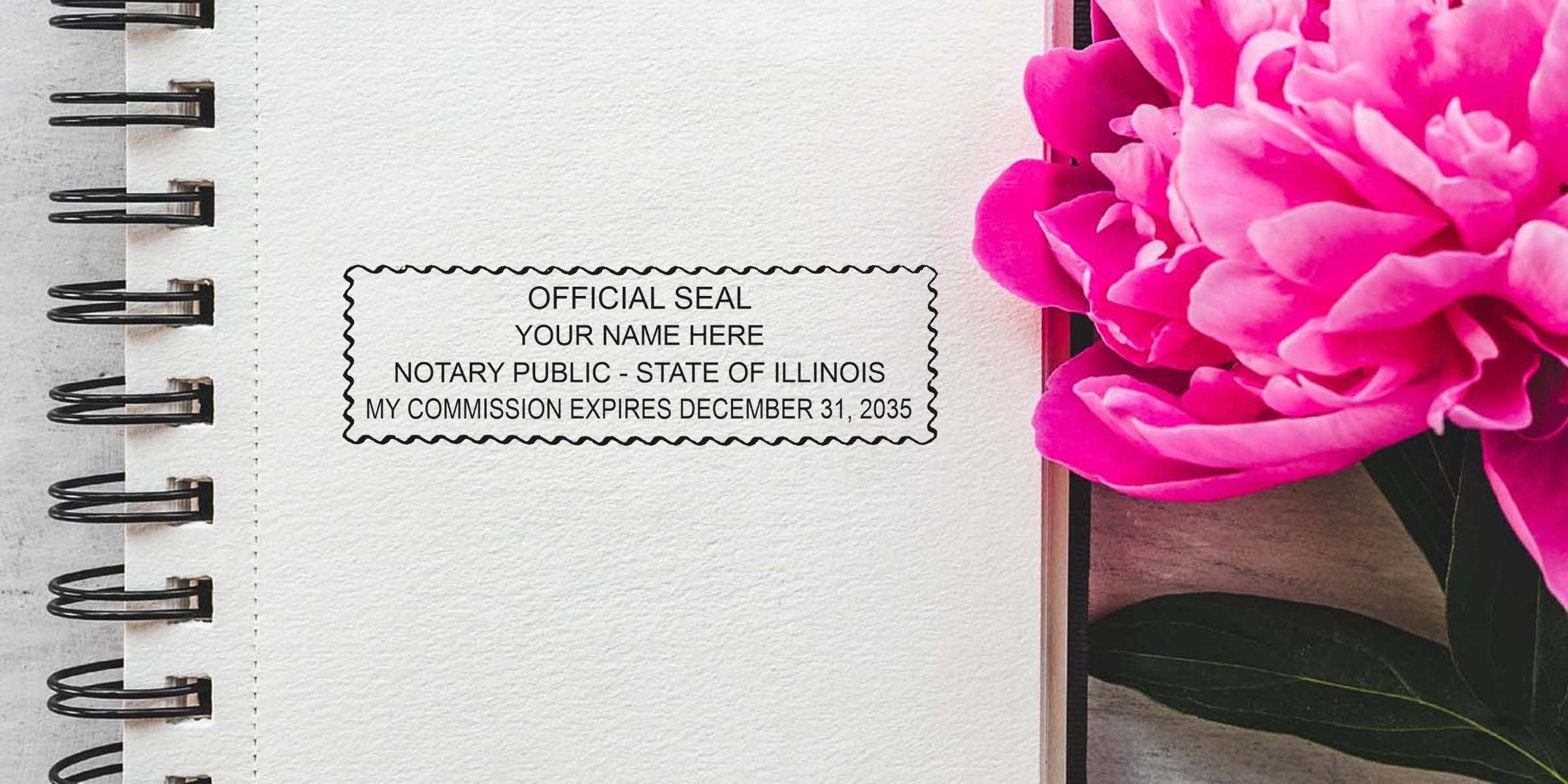 Illinois notary stamp on a notebook beside a pink peony flower, featuring an official notary public seal; purchase your notary stamp online today.