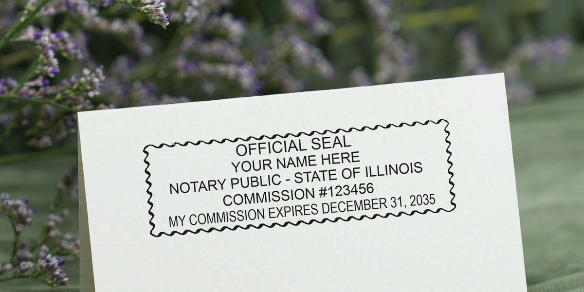 Illinois notary stamp on white paper with lavender flowers, meeting Illinois notary stamp requirements.