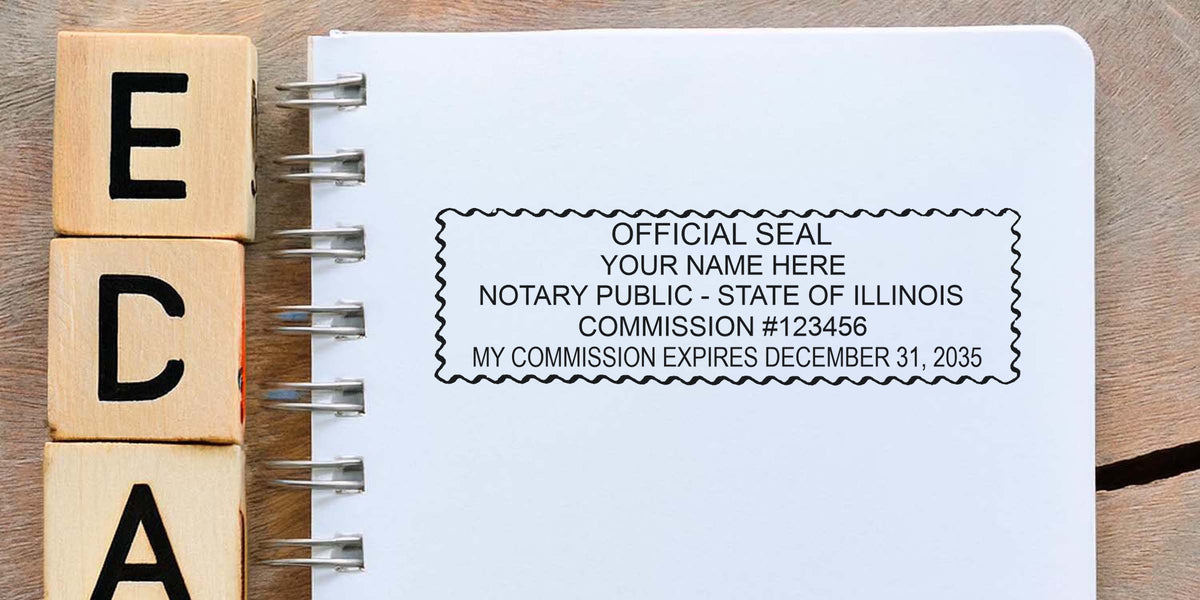 Illinois notary stamp on white notebook with wooden blocks spelling ECA, showing official seal, self-inking notary benefits, Illinois notary commission stamp, and expiration date.