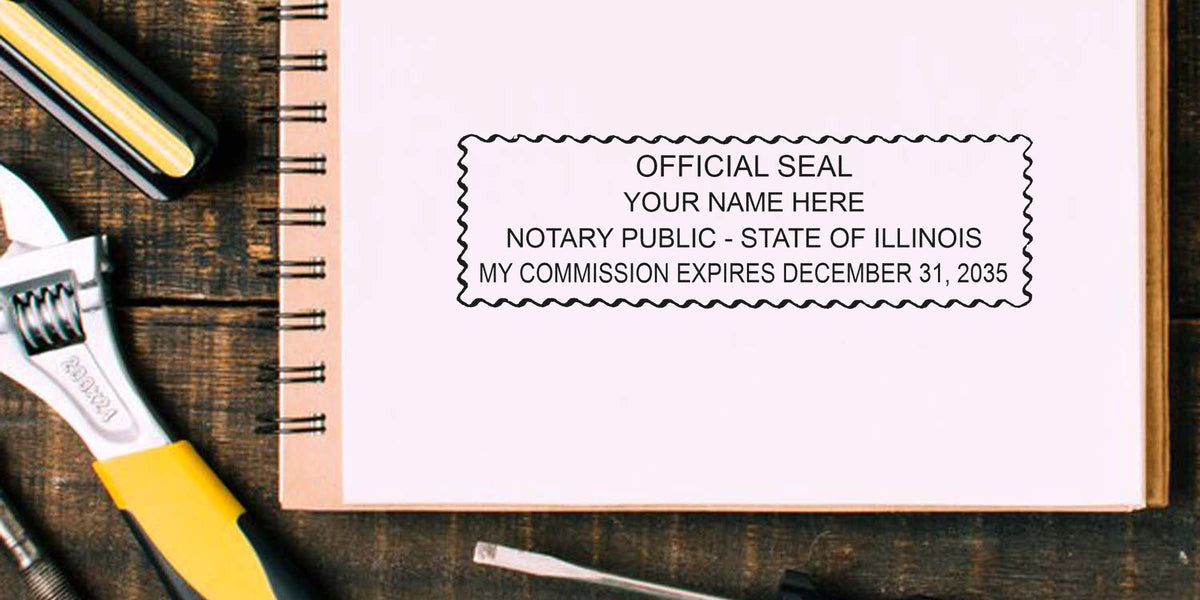 IL notary seal stamp on notebook with wrench and screwdriver on wooden table, showing a notary seal buying guide.
