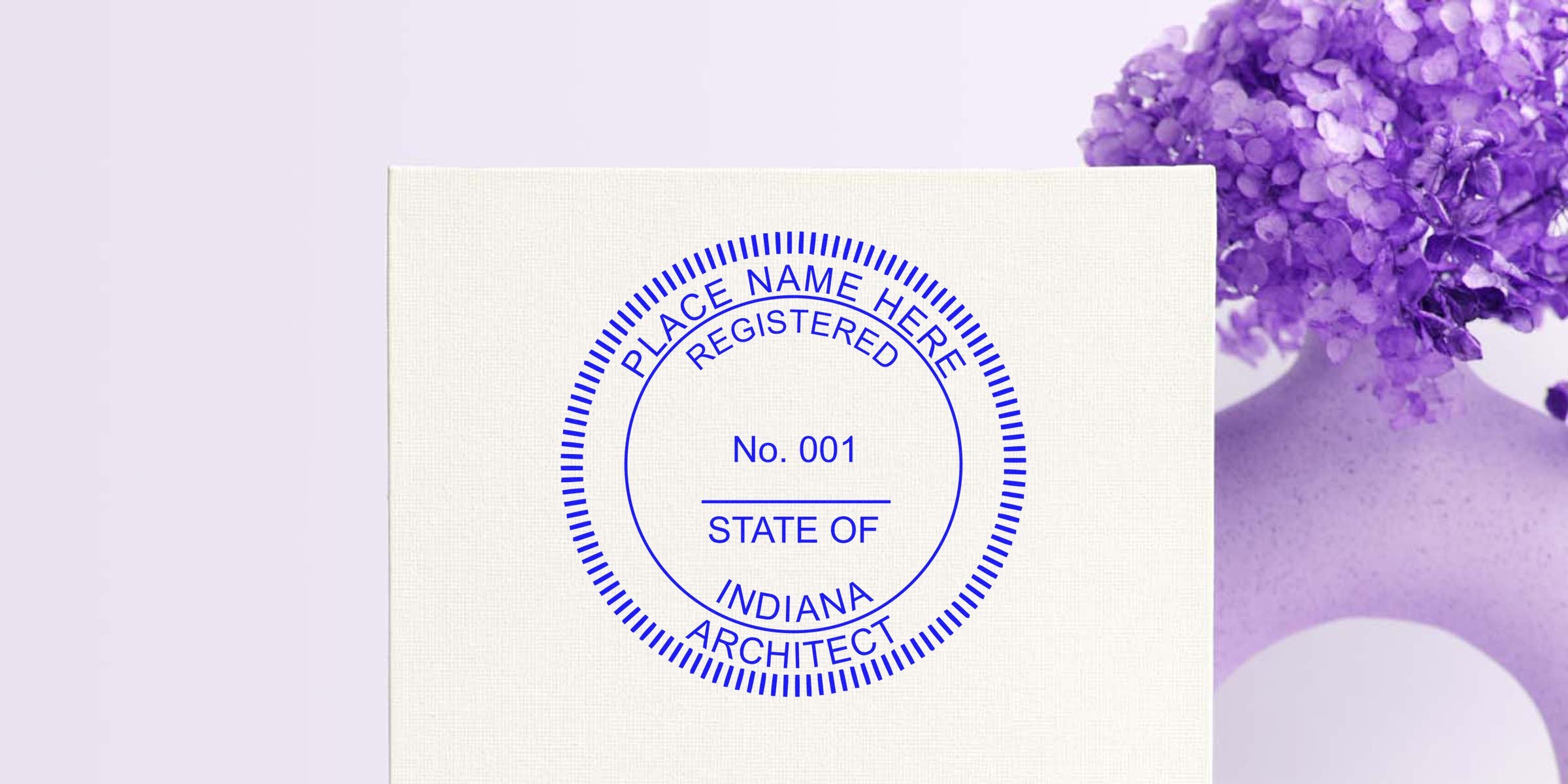 Indiana architect stamp with registration number, symbolizing professional services, shown on white background next to purple flowers in a vase.