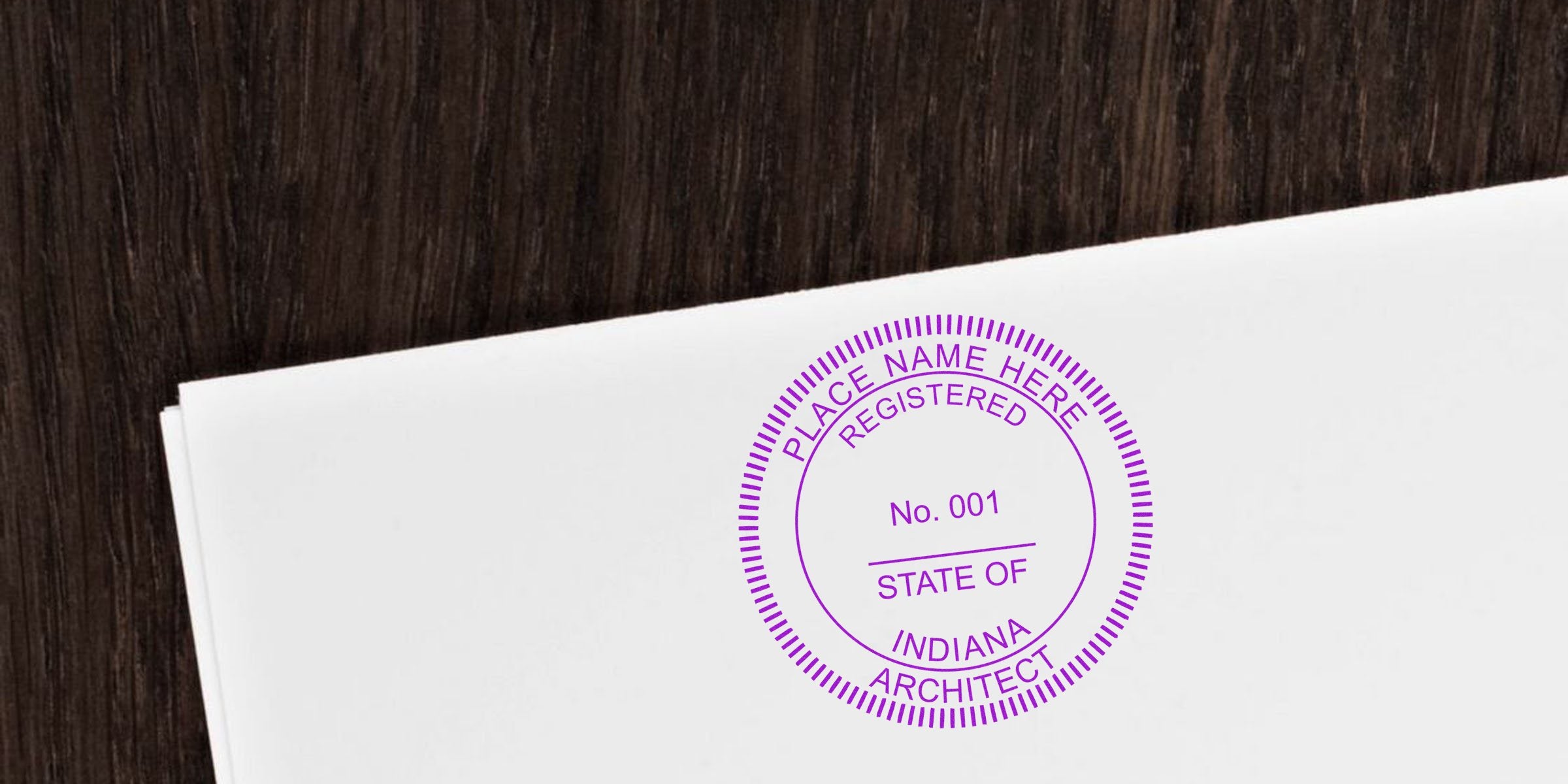 Indiana architect seal stamped on white paper for license verification, showing embosser guide details.