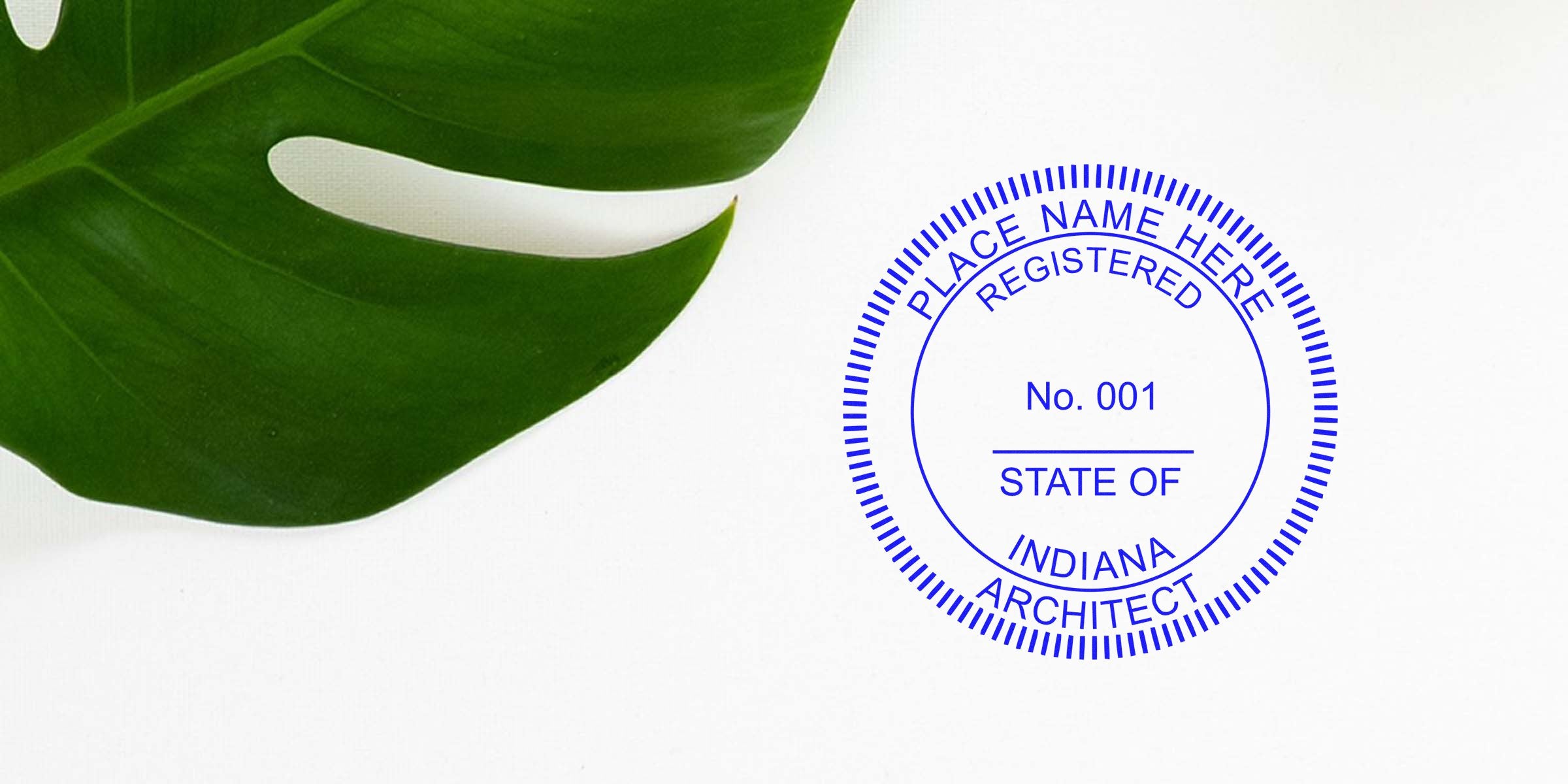 Indiana architect seal with a registered mark and green leaf on white, used as an architect seal sample.