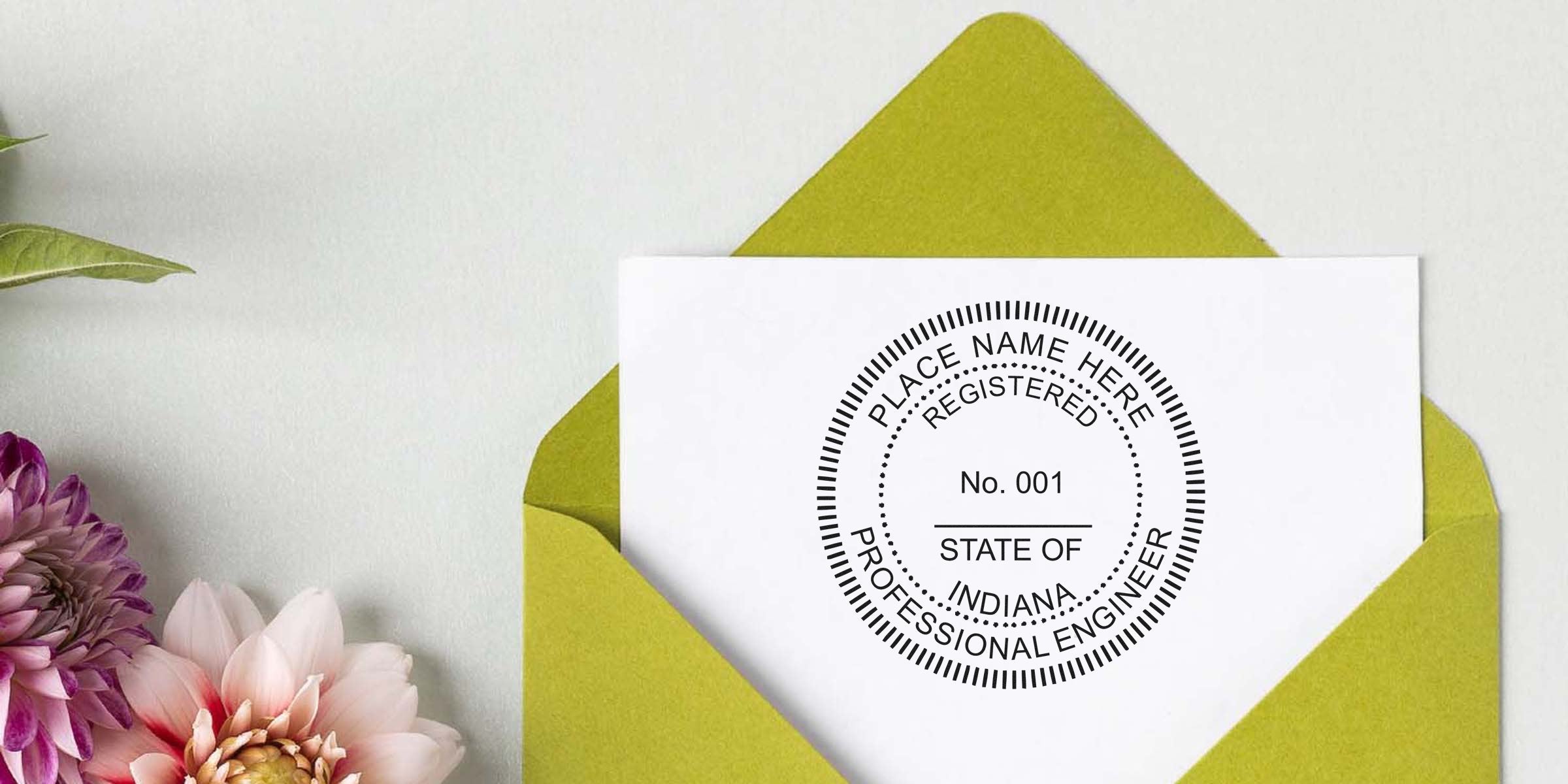 Green envelope with flowers on white background, showing Indiana professional engineer seal template, including seal size and specifications.