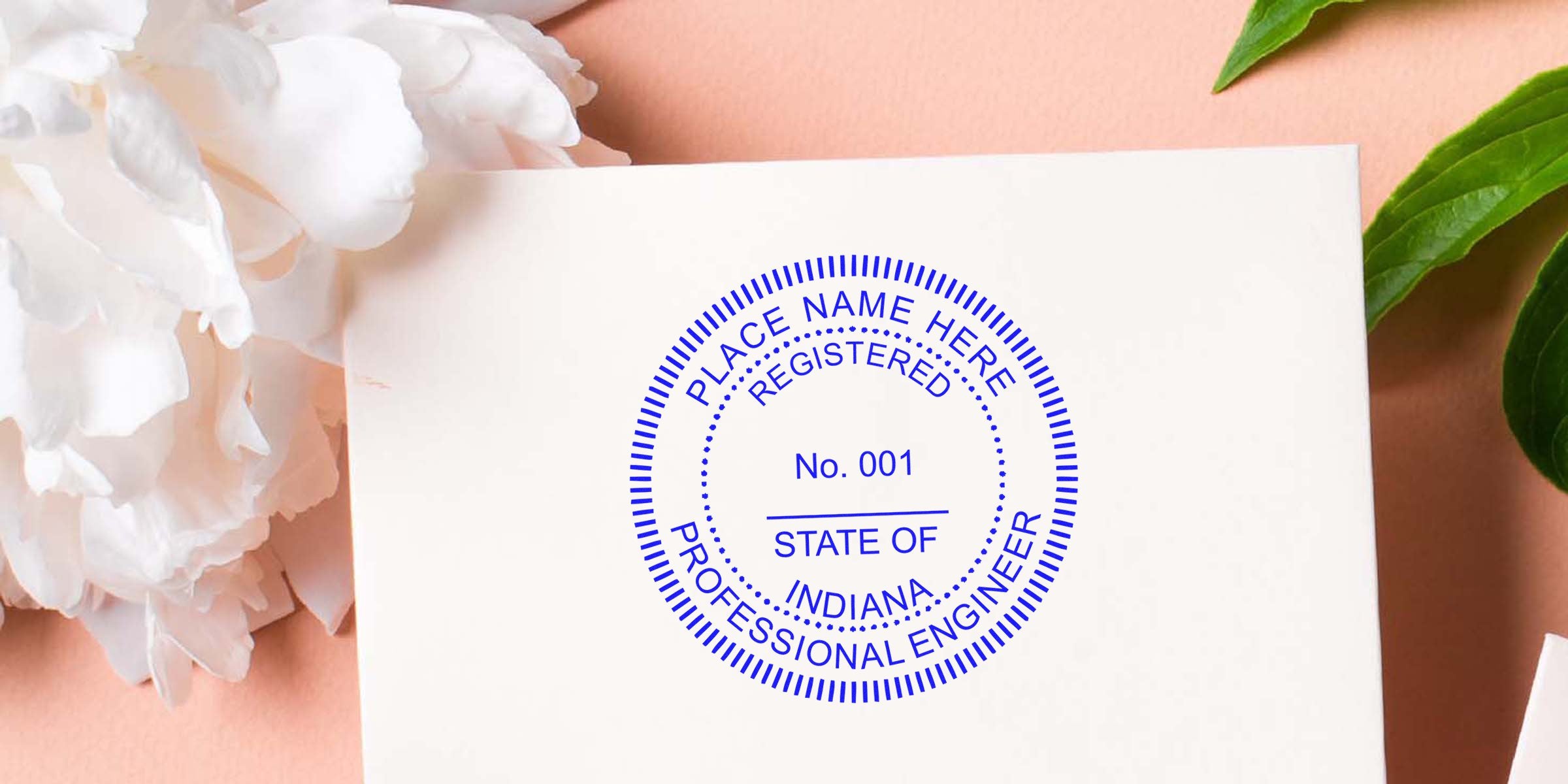 Indiana engineer stamp design for state registration on white paper with floral background, ensuring compliance with engineer stamp requirements.