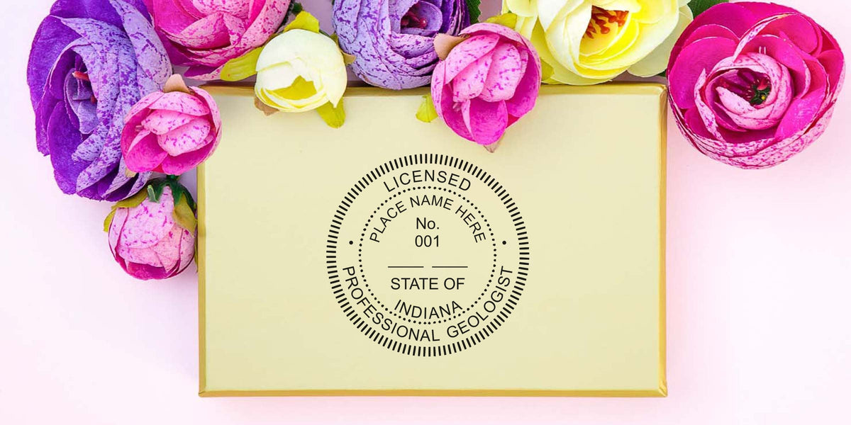 Indiana Geologist Stamp with licensed professional seal on beige background, adorned with colorful flowers, highlighting Geologist Stamp Cost.