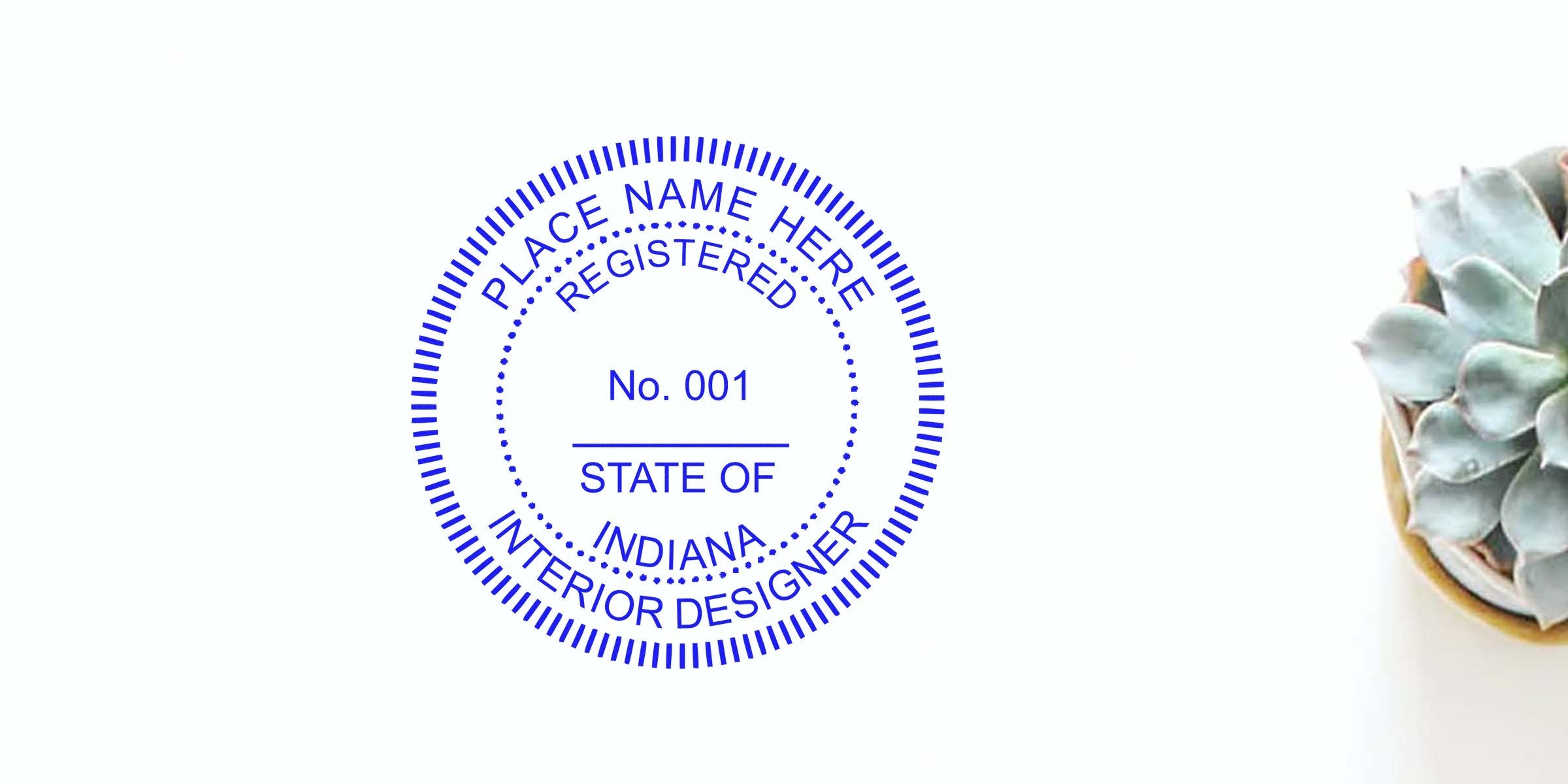 Indiana Interior Designer Stamp with a registered seal and succulent on white, symbolizing the elevation of design work.