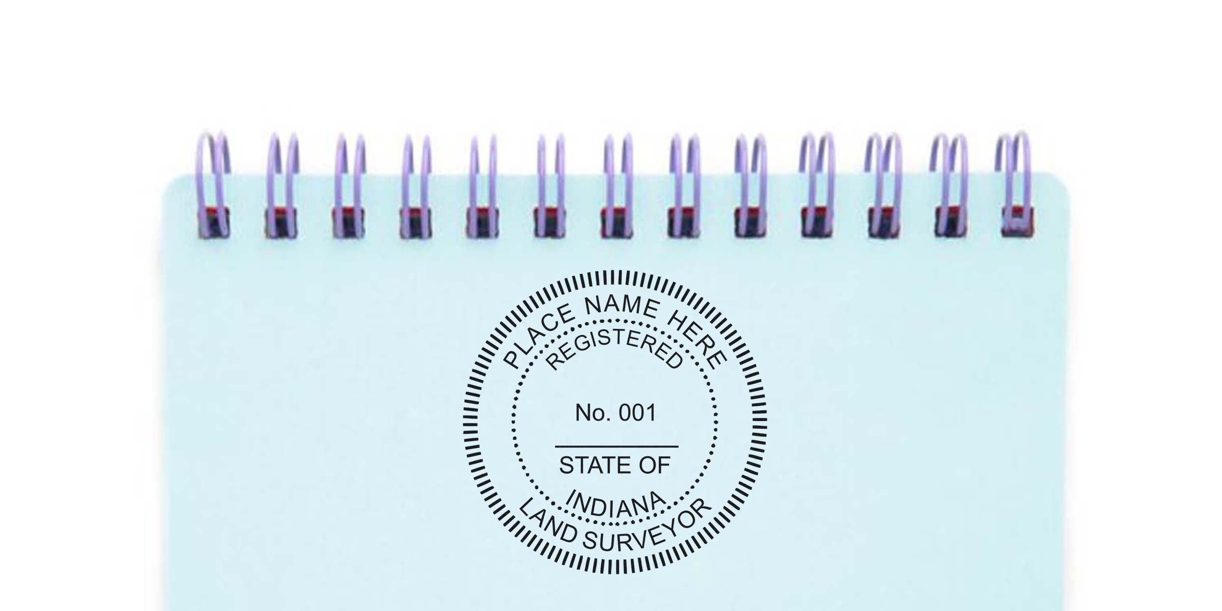 Indiana land surveyor seal stamped on notebook, certifying registered land surveyor and meeting seal requirements.