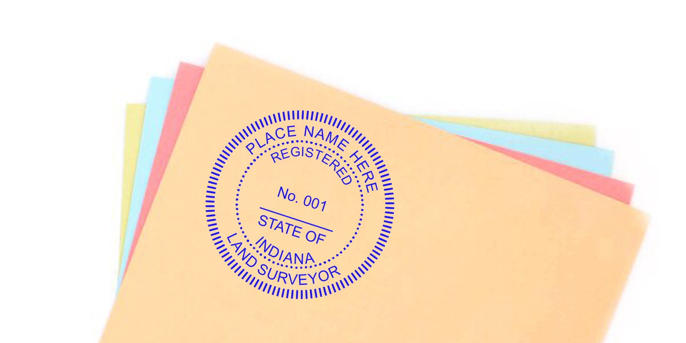 Indiana land surveyor seal stamped on vibrant folders, highlighting seal specs for Indiana land surveying services.
