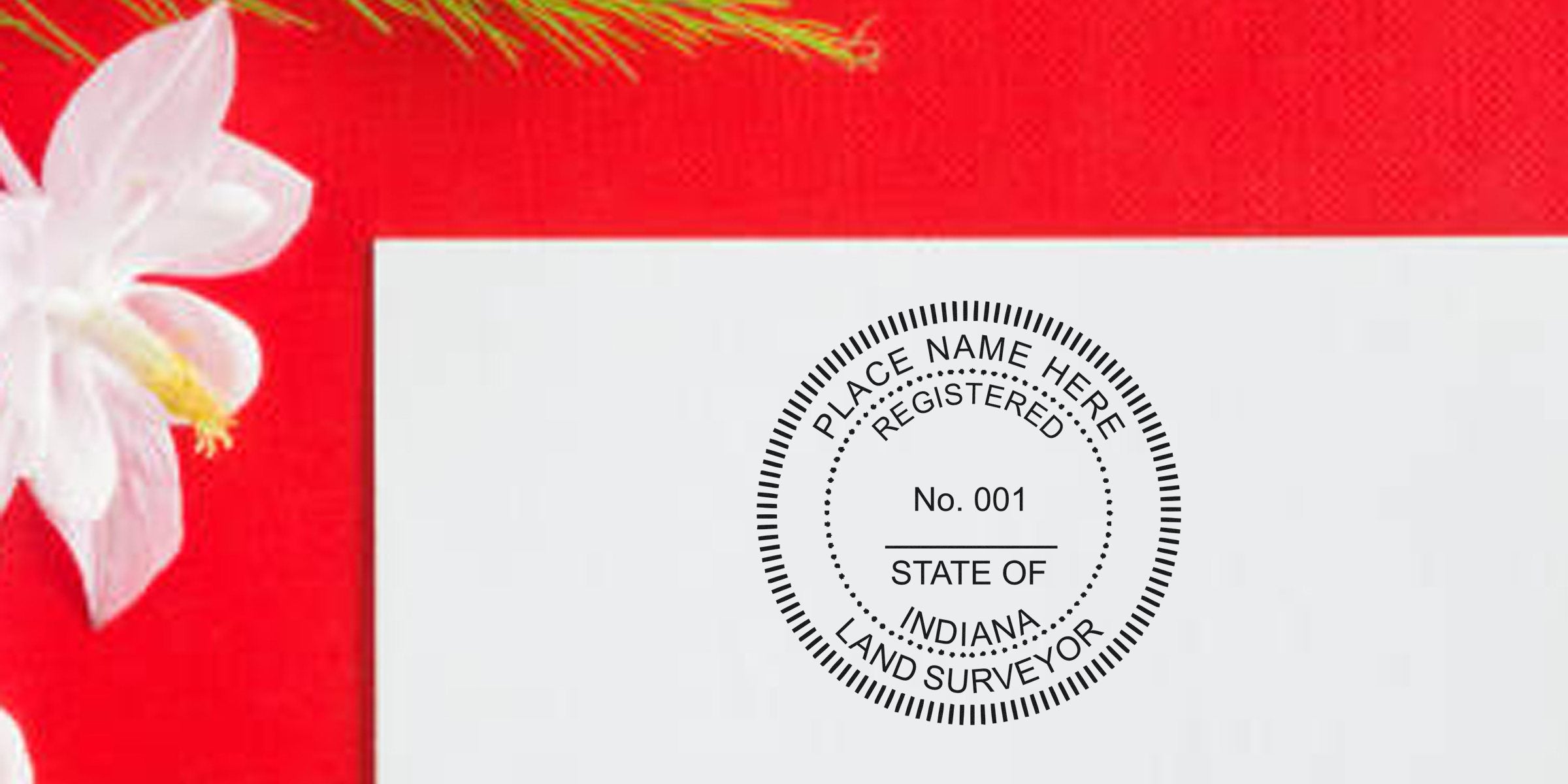 Indiana land surveyor seal stamped on white paper with a festive red background and white flower, showcasing a land surveyor seal template design.