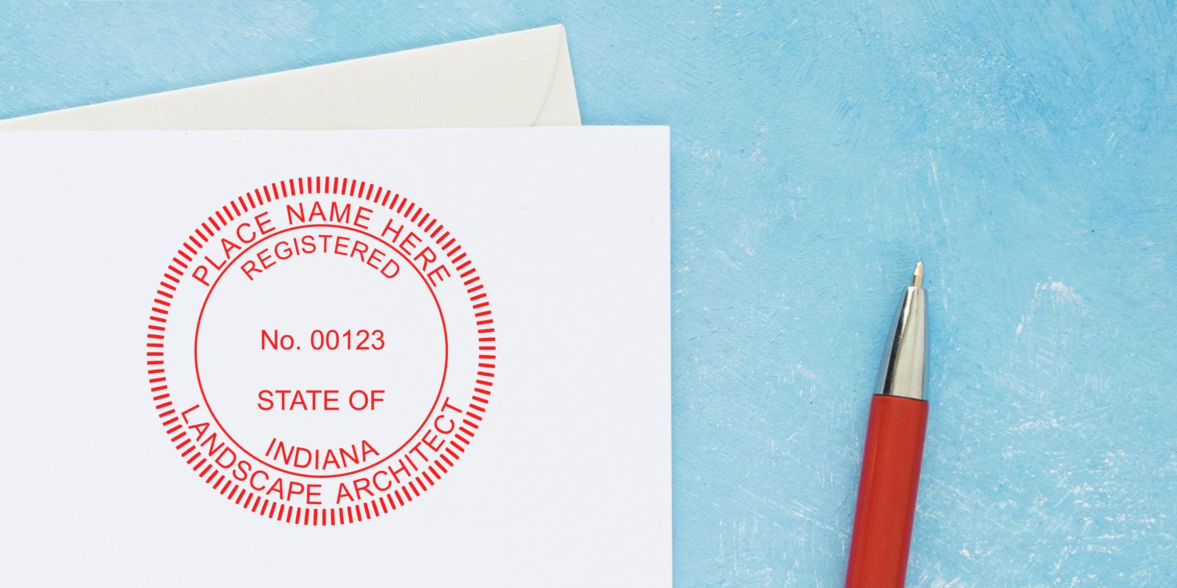 Indiana landscape architect seal stamped on white paper with red pen, shown on blue background, featuring a landscape architect seal design.