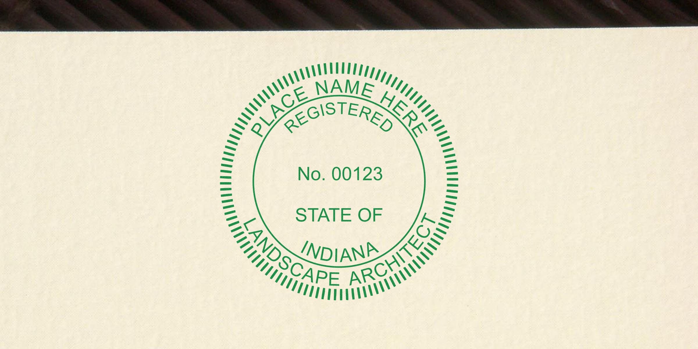 Indiana landscape architect seal with registration number 00123 on official document, complying with Indiana landscape architect seal guidelines.