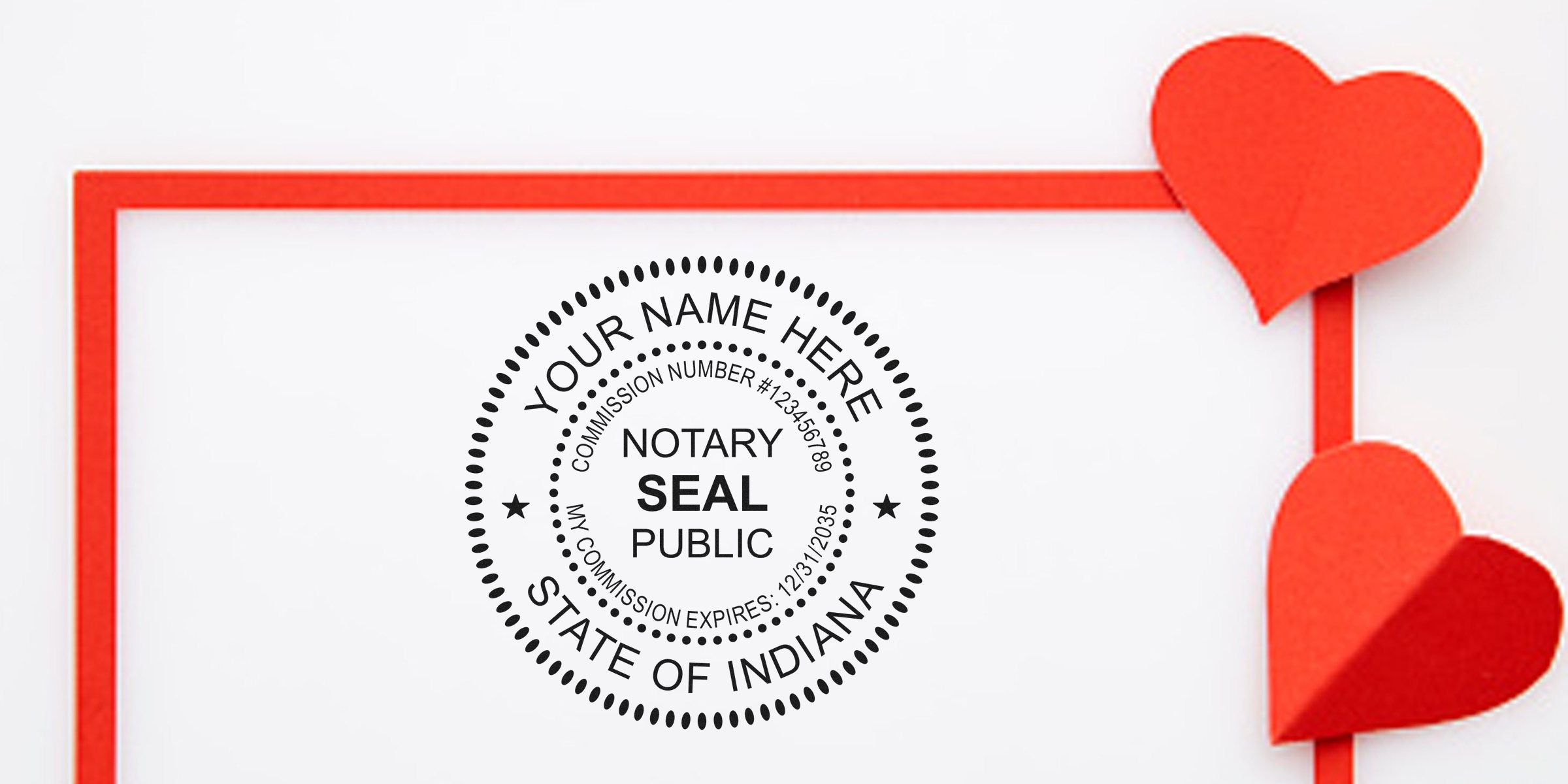Indiana notary public seal with red hearts on white background, showing Indiana notary stamp; purchase notary stamp online.