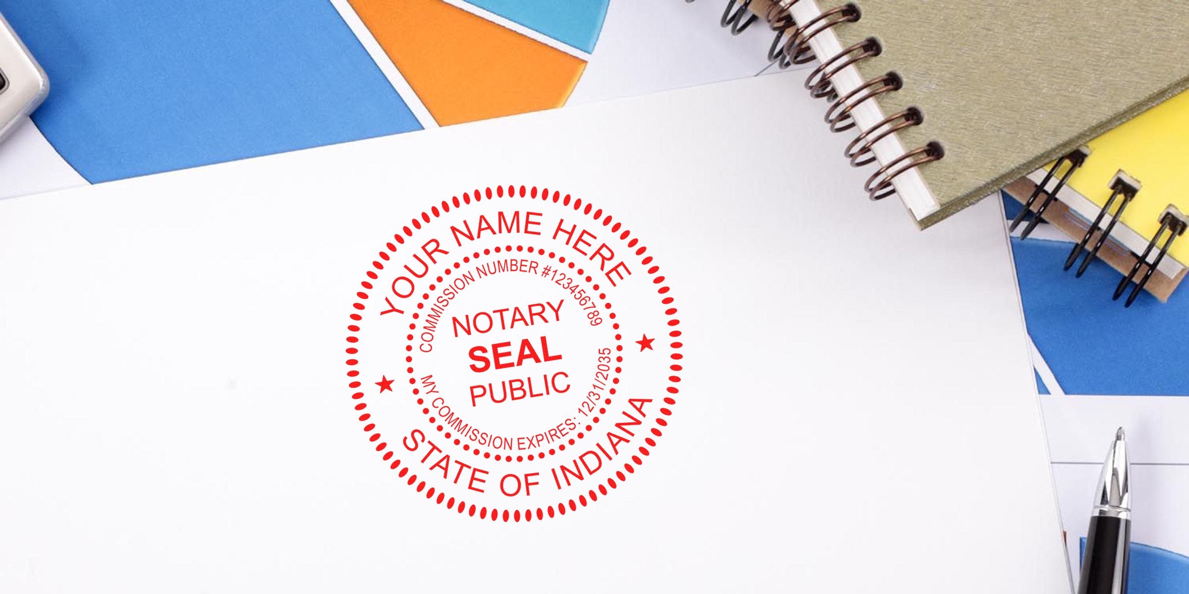 Red Indiana notary stamp and seal on white paper with office supplies, displaying official certification and commission details.