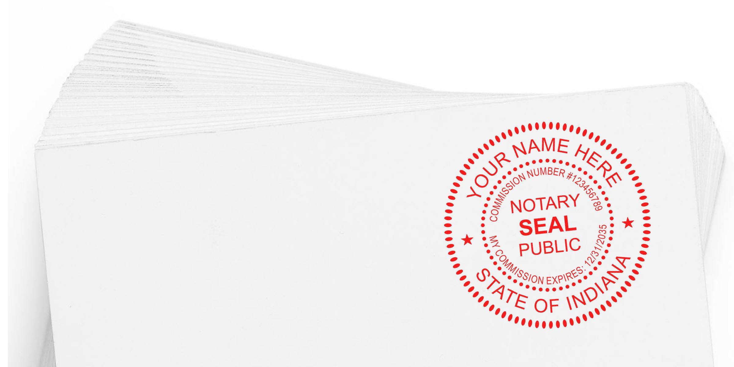 Stack of white Indiana notary seal stickers for public notary commissions, offering affordable notary seal deals.