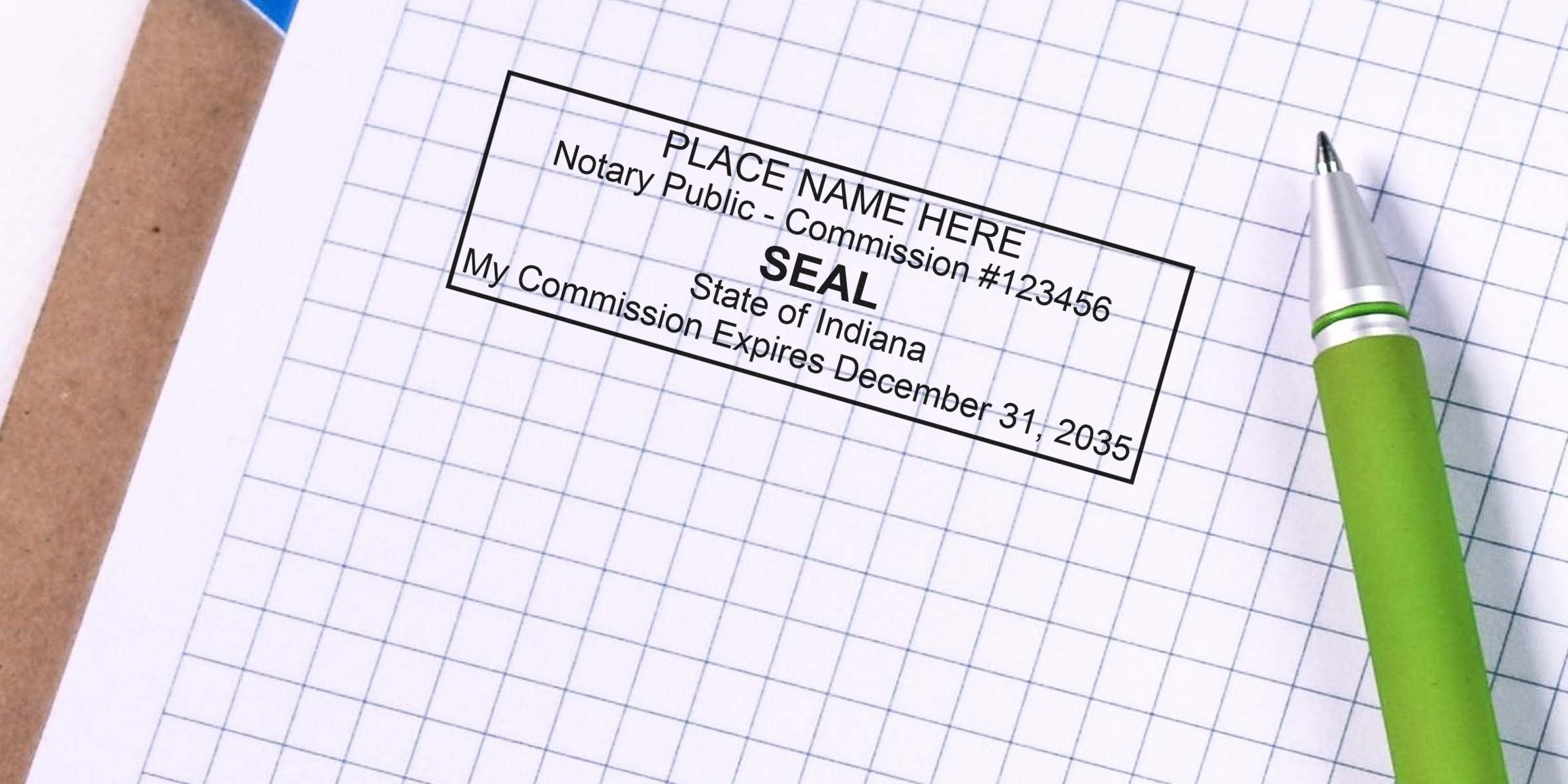Affordable Indiana Notary Stamp on grid paper with green pen, featuring official notary seal and stamp options for document verification.